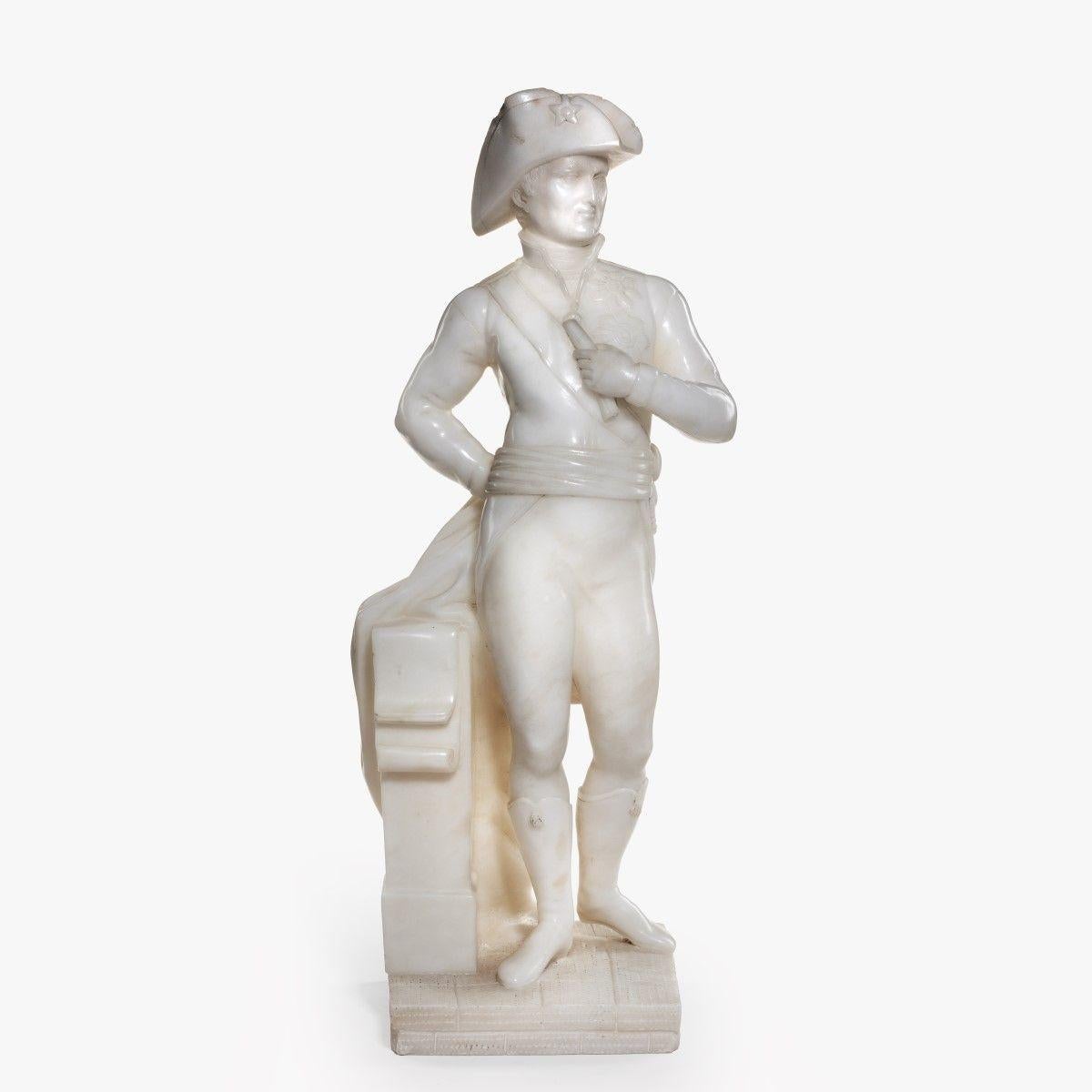 A fine Victorian alabaster figure of Arthur Wellesley, Duke of Wellington, powerfully modelled with one arm across his chest holding a scroll and the other behind his back, in full military attire with orders, English, c1870.