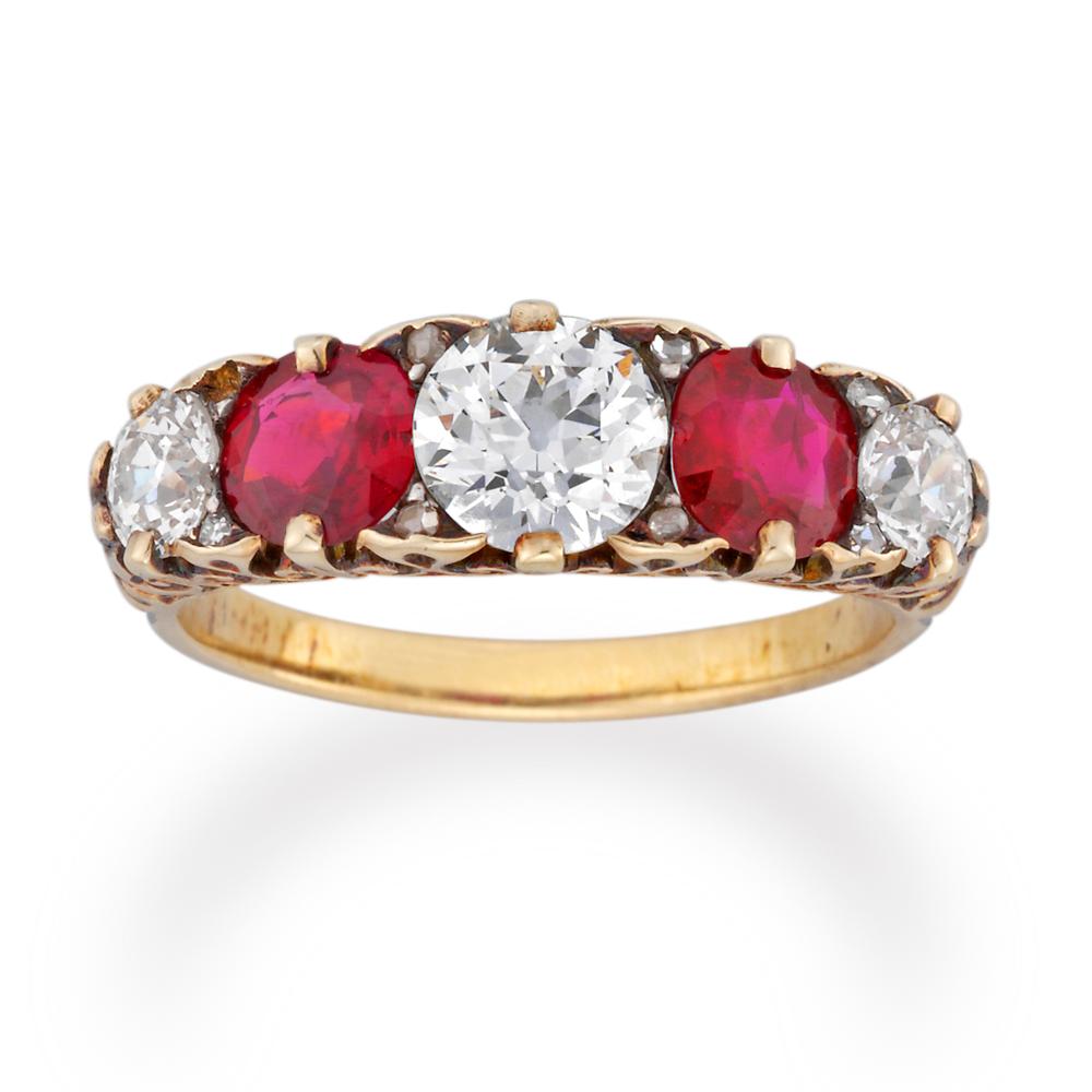Old European Cut Fine Victorian Five-Stone Ruby and Diamond Ring For Sale