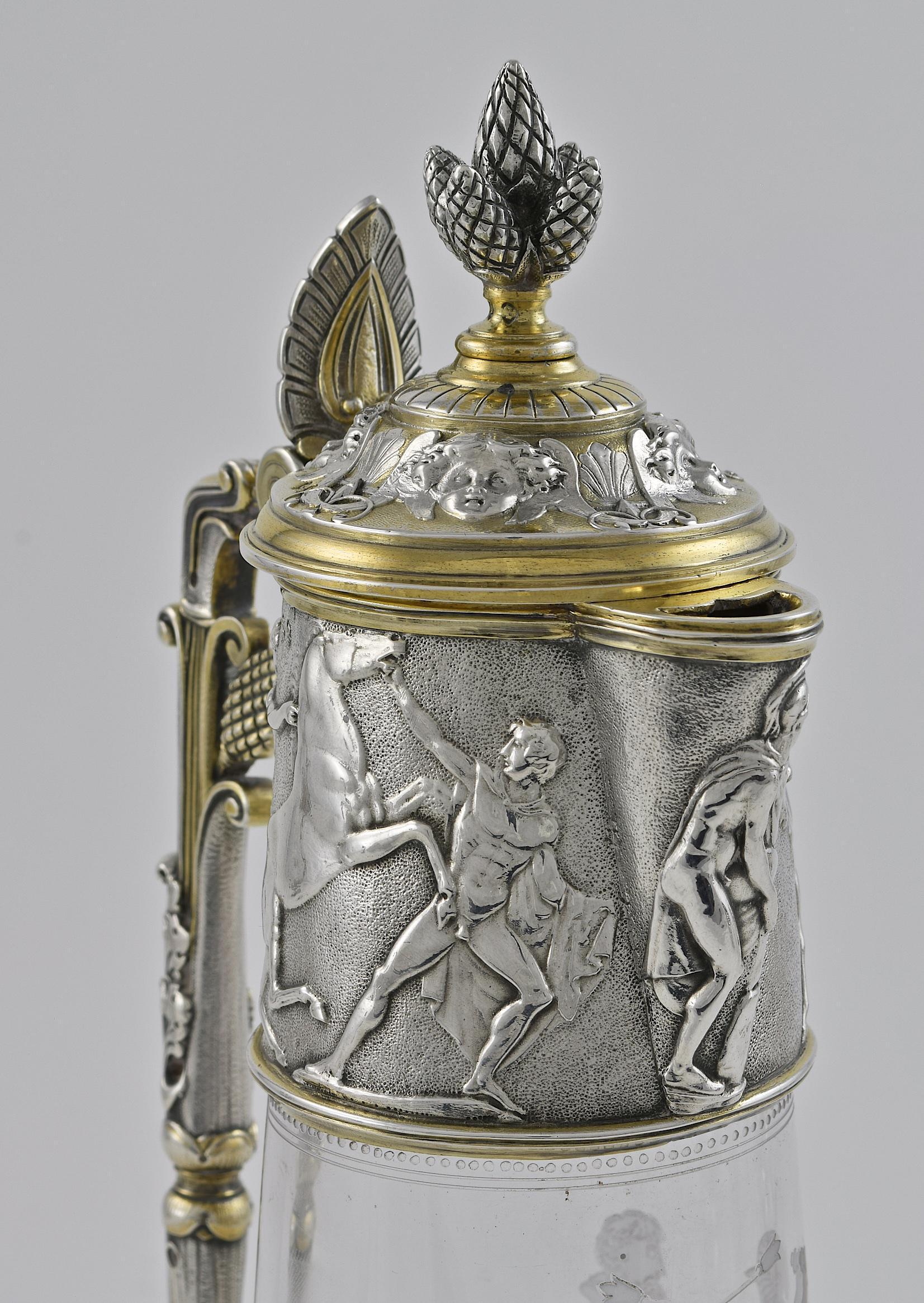 Late 19th Century A Fine Victorian Parcel-Gilt Silver Mounted Acid-Etched Glass Claret Jug For Sale