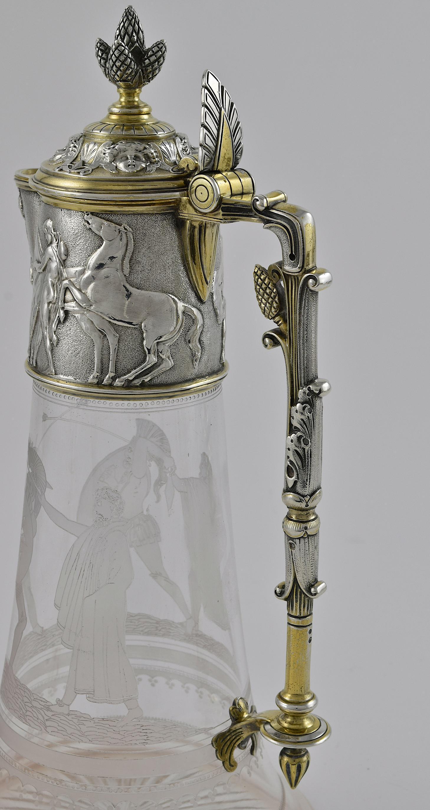 A Fine Victorian Parcel-Gilt Silver Mounted Acid-Etched Glass Claret Jug For Sale 2
