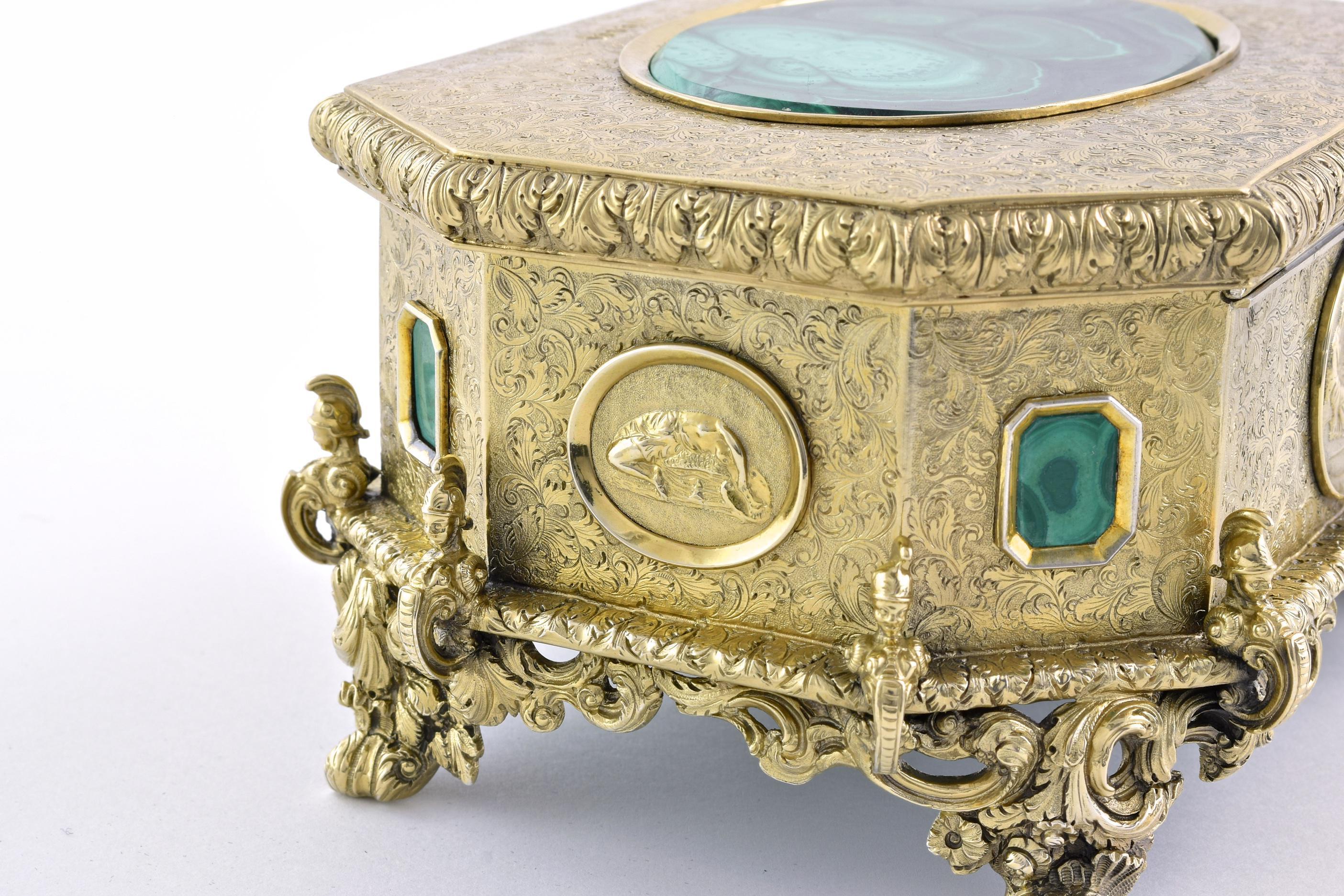 A Fine Victorian Silver-Gilt And Malachite Jewellery Casket For Sale 5
