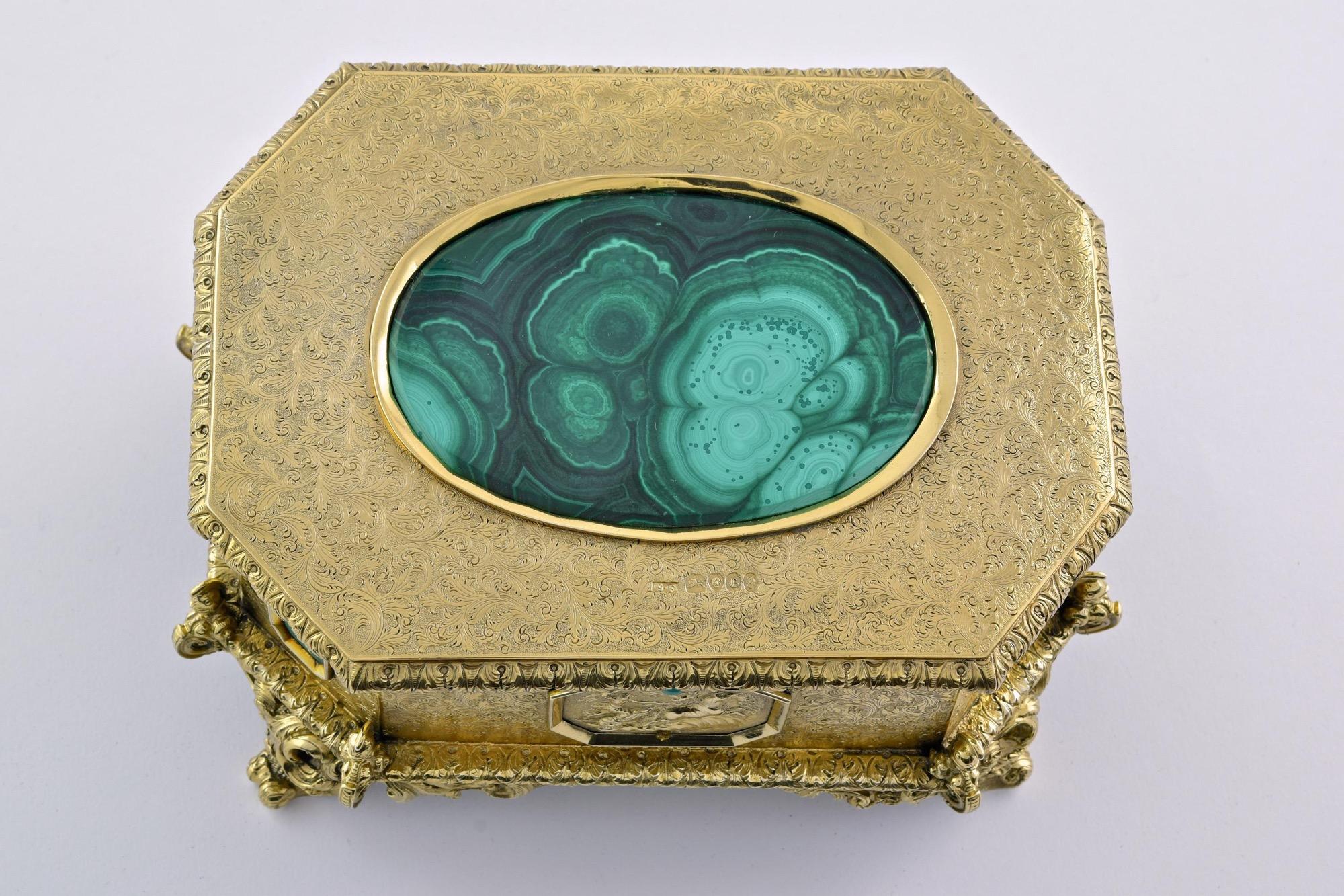 A Fine Victorian Silver-Gilt And Malachite Jewellery Casket In Good Condition For Sale In London, GB