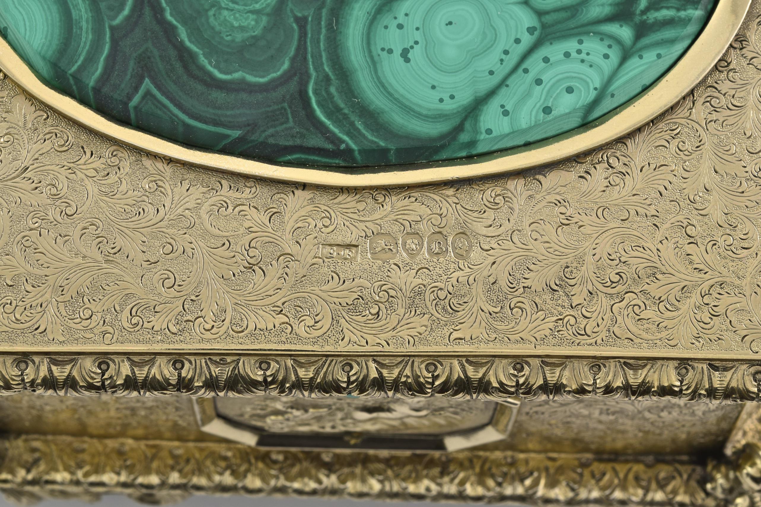 Mid-19th Century A Fine Victorian Silver-Gilt And Malachite Jewellery Casket For Sale