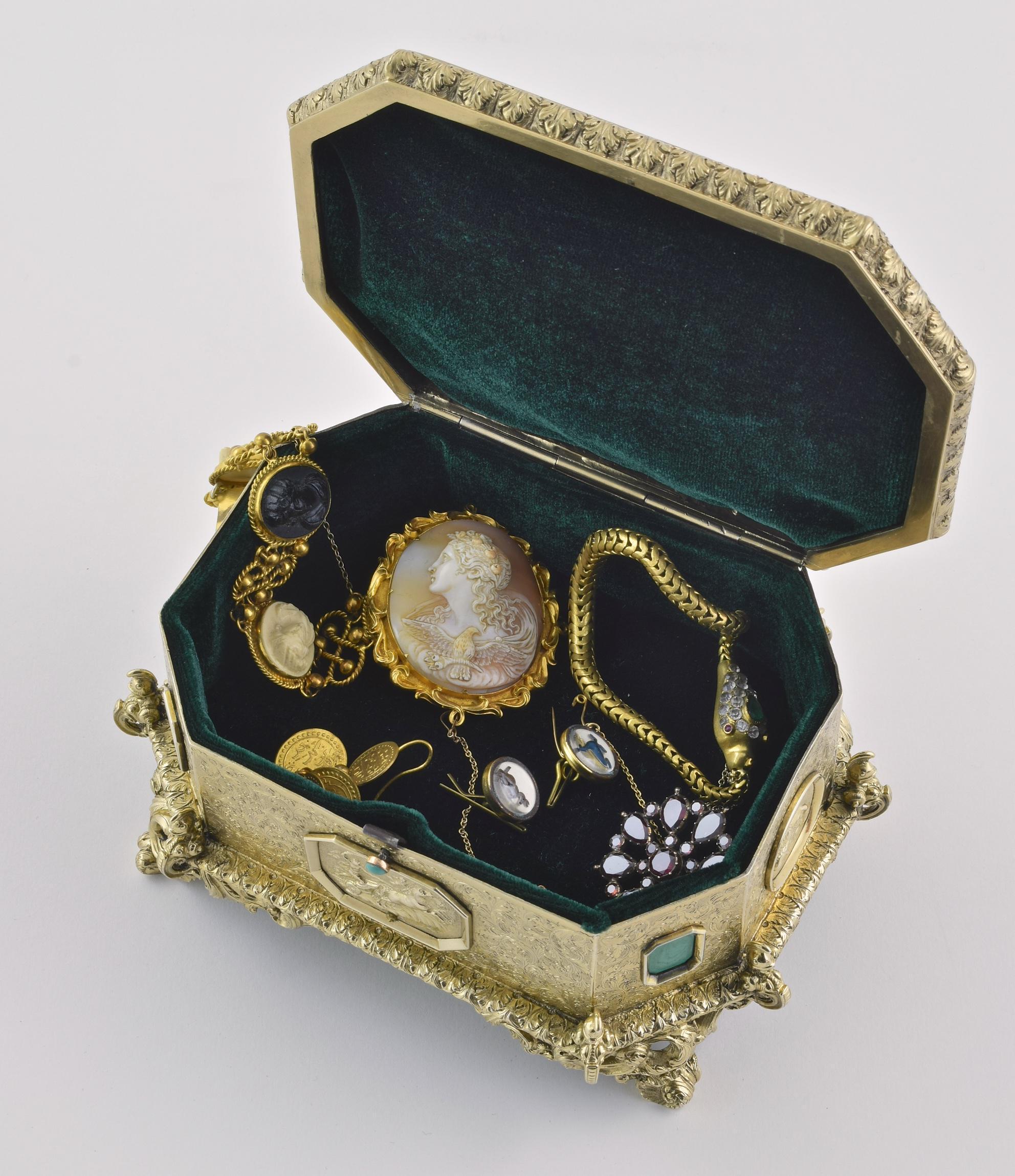 Gold A Fine Victorian Silver-Gilt And Malachite Jewellery Casket For Sale