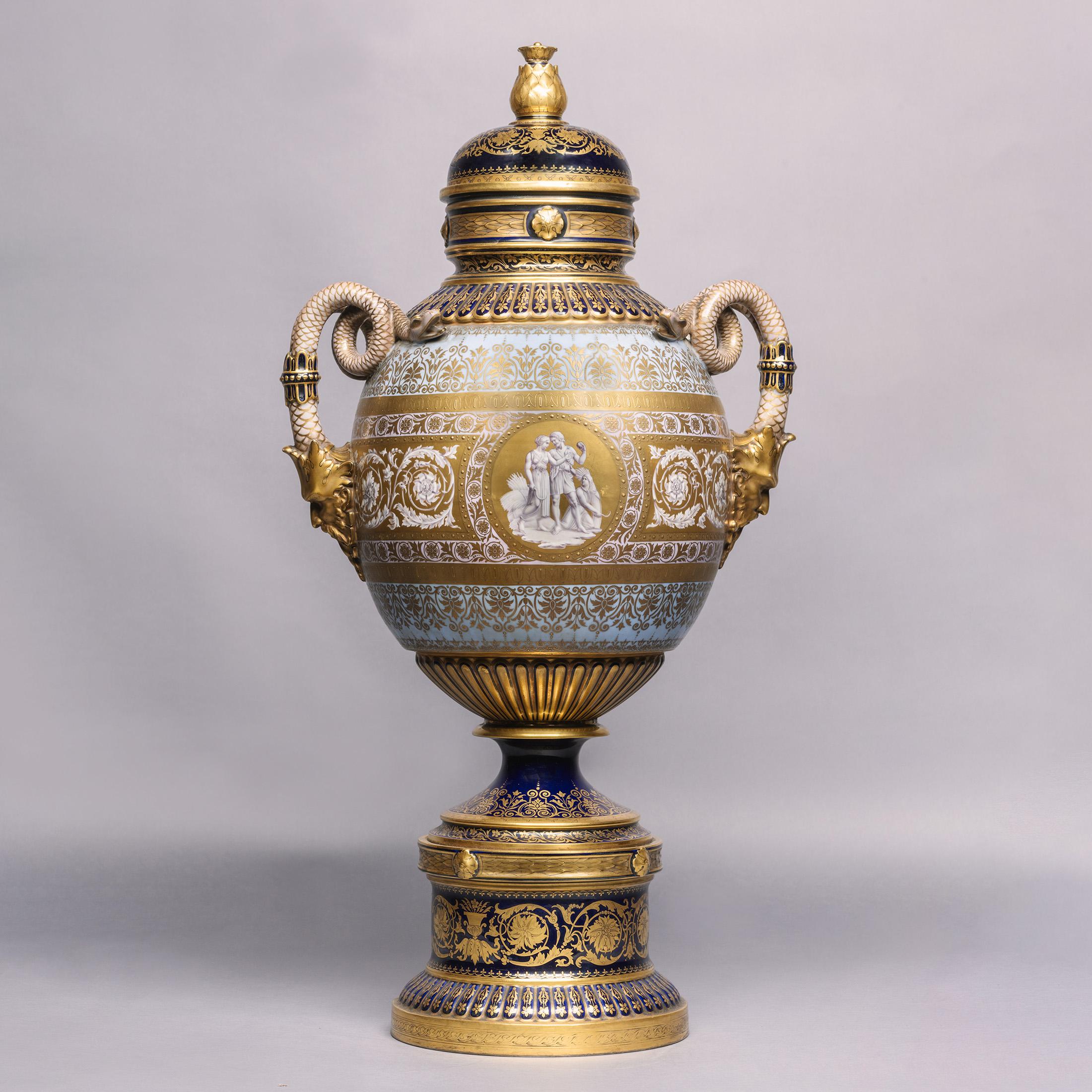 A fine Vienna style porcelain vase and cover by Fischer & Mieg, Pirkenhammer, with a Painted Reserve of ‘An Allegory of Love’ After Titian, By Franz Wagner.

The underside of each vase with an underglaze Pirkenhammer shield mark for 1887 -1890.