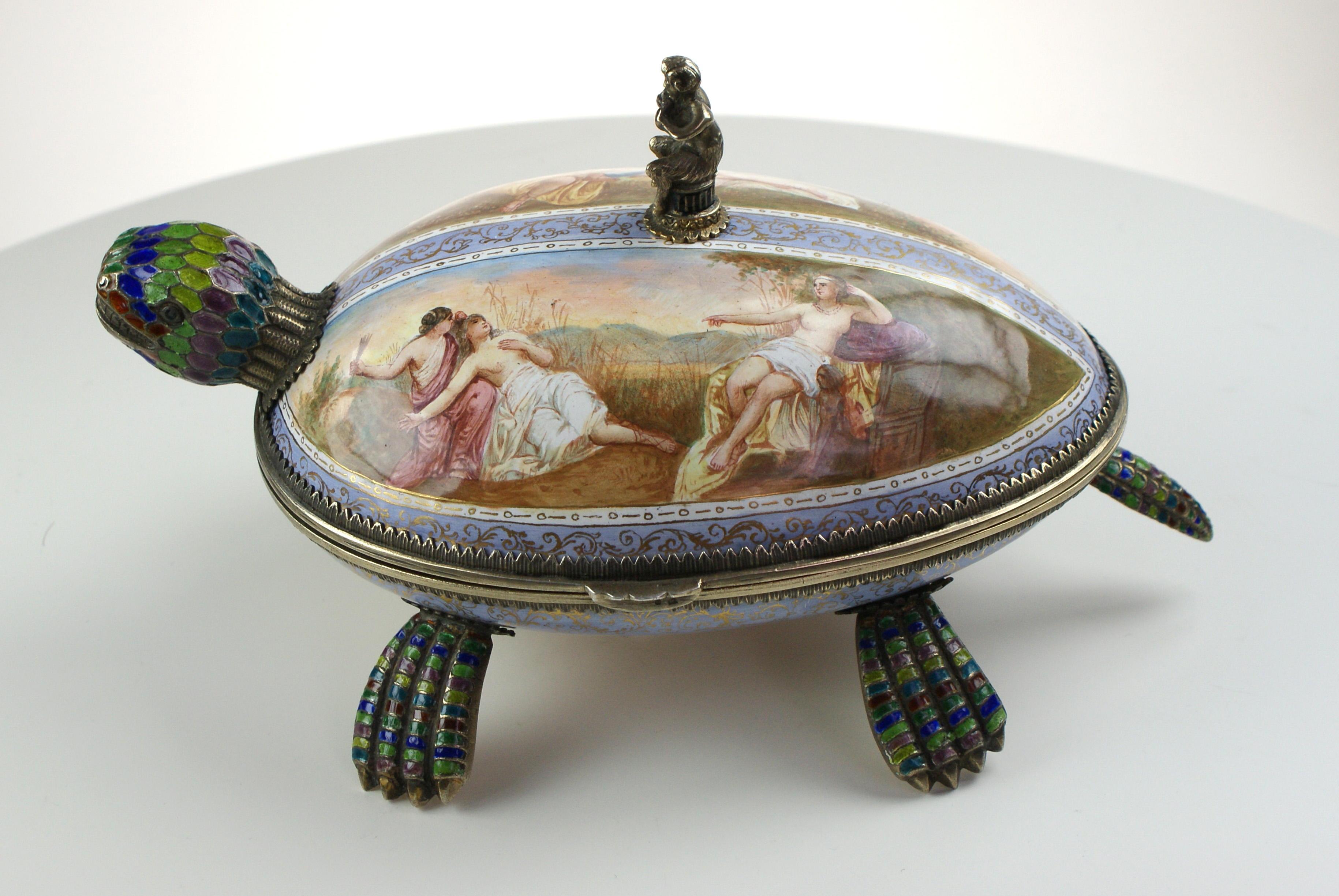 A fine Viennese silver gilt and enamel tortoise turtle box, by Hermann Bohm,
circa 1890.

The head, feet, and tail in multicolored enamels. The lid of the box with a silver and enamel finial of Pan the God of the wild playing the pipes. The Top