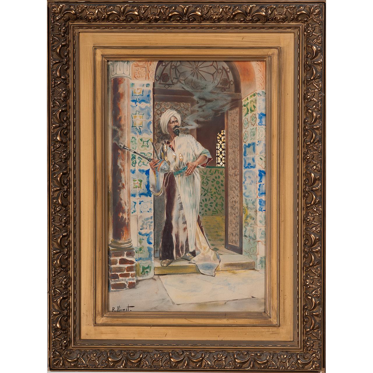 A fine Orientalist watercolor on paper, signed lower left, depicting an Arab man smoking a pipe in the doorway.

Artist: Rudolf Ernst (1854-1932)
Origin: French-Austrian
Medium: Watercolor on paper
Dimension: 19 1/2 in x 12 1/4 in