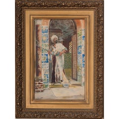 Fine Watercolor Painting of an Arab Man Smoking in Doorway by Rudolf Ernst