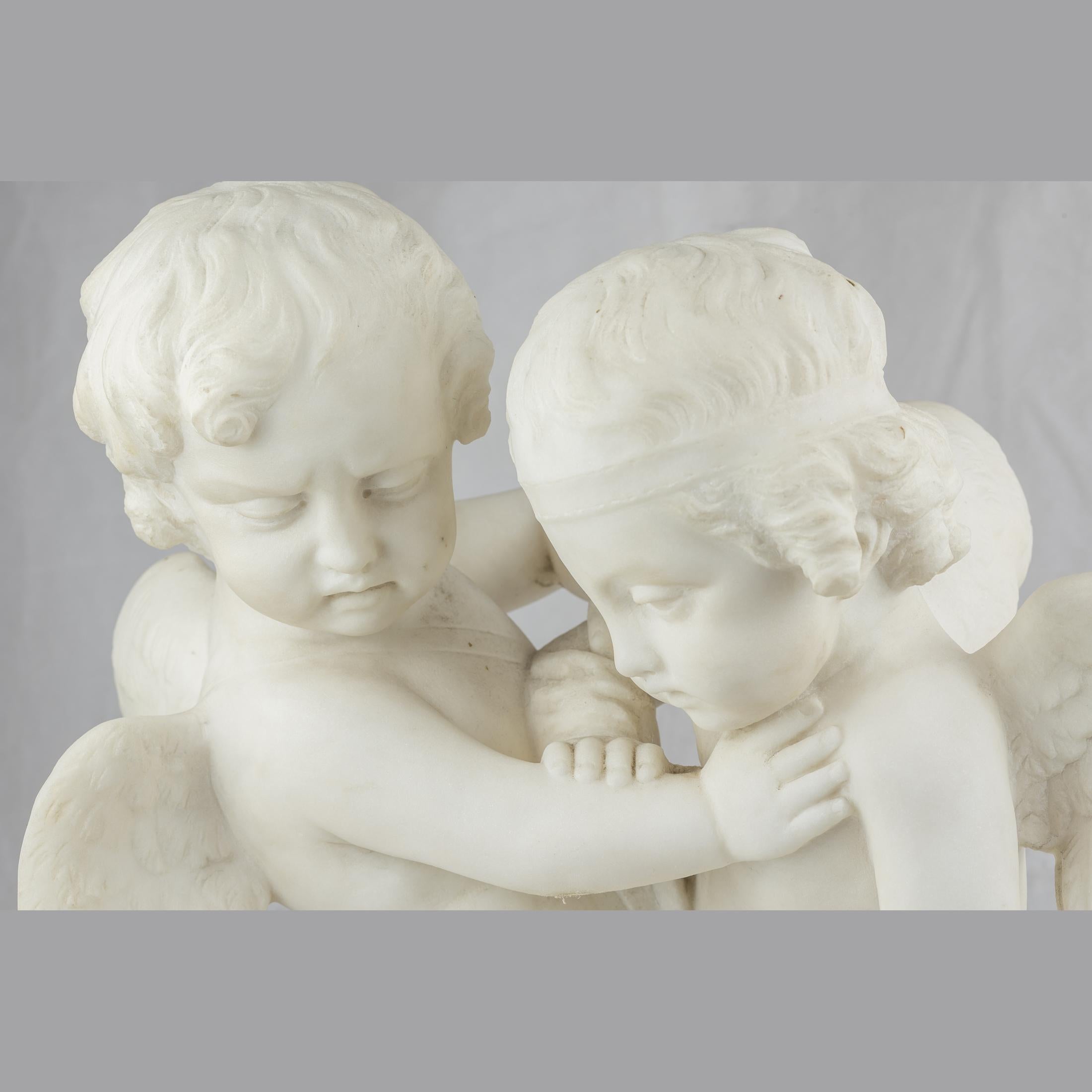 French White Marble Sculpture Statue of Two Cherubs  For Sale