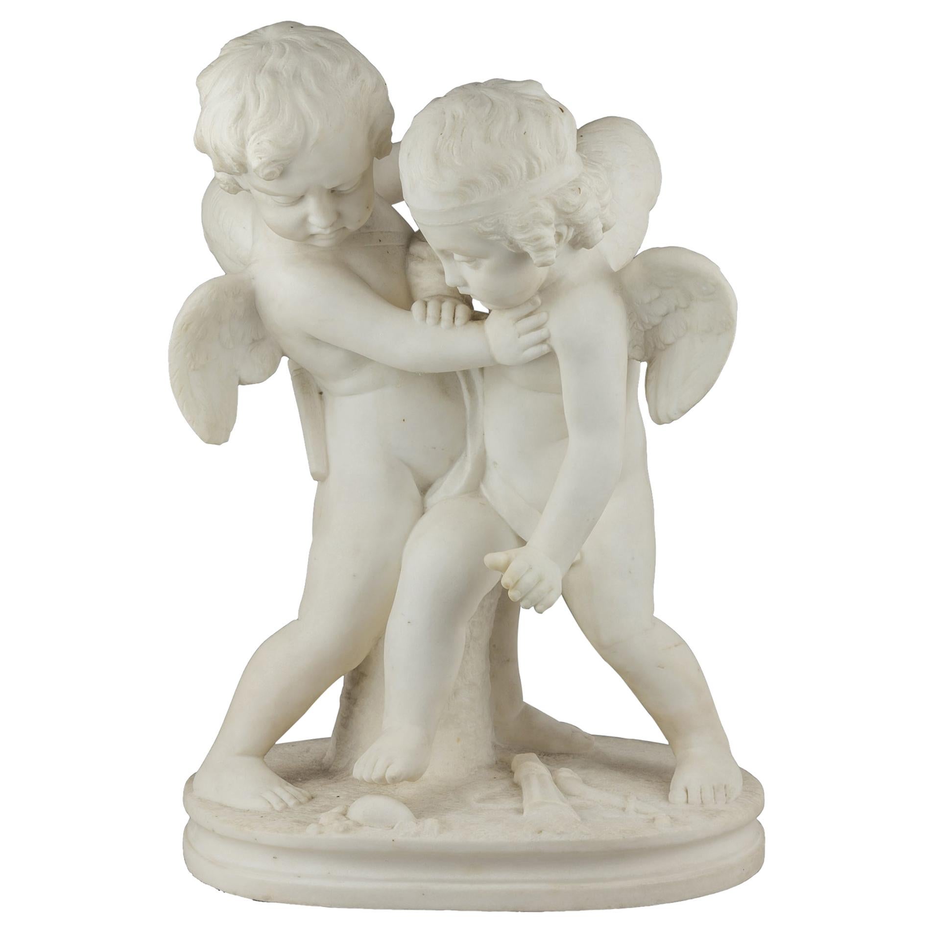 White Marble Sculpture Statue of Two Cherubs 