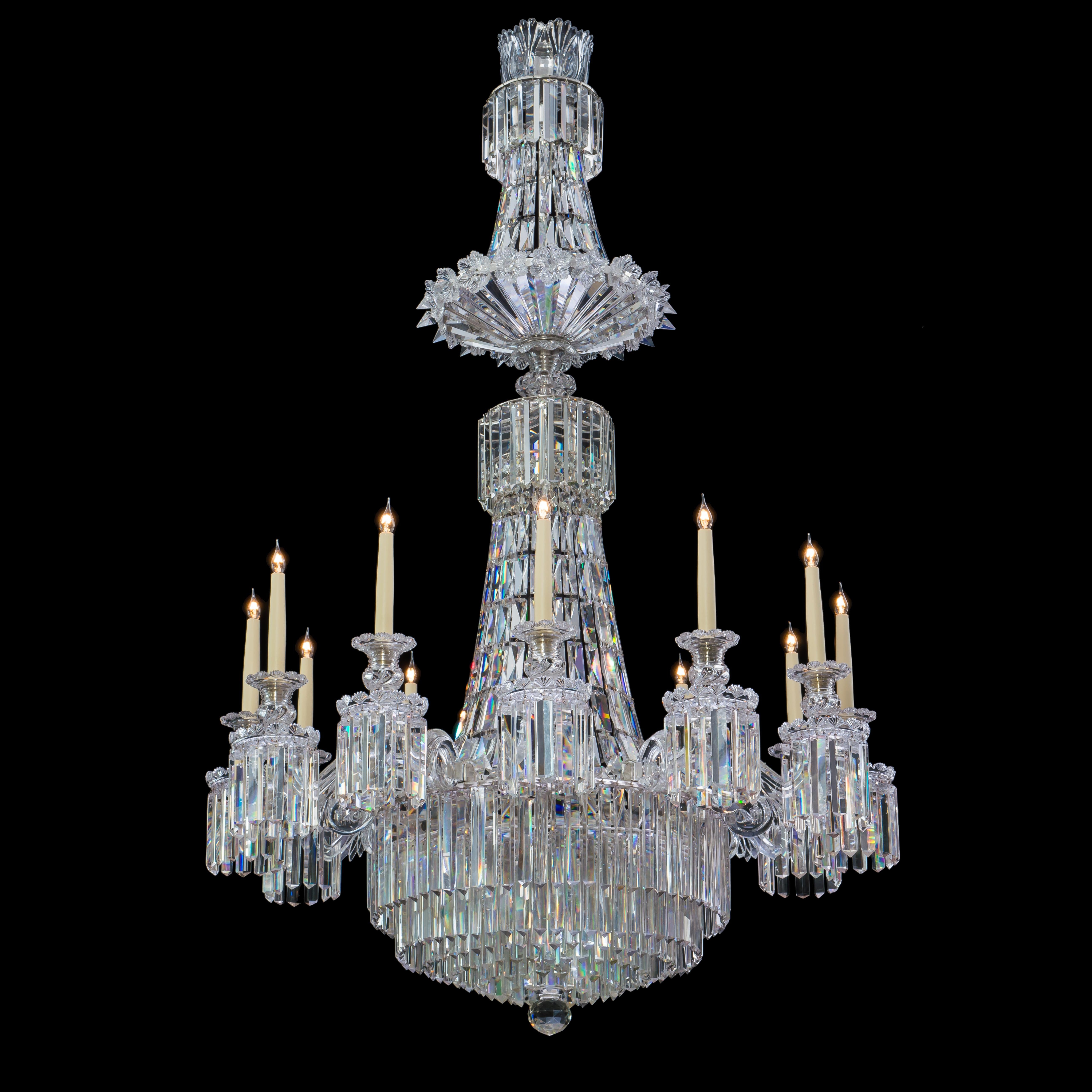A fine William IV cut-glass twelve-light chandelier, firmly attributed to Perry & Co. 

This magnificent chandelier relates to examples in the collection at Chatsworth House which were acquired by the 6th Duke of Devonshire for his London