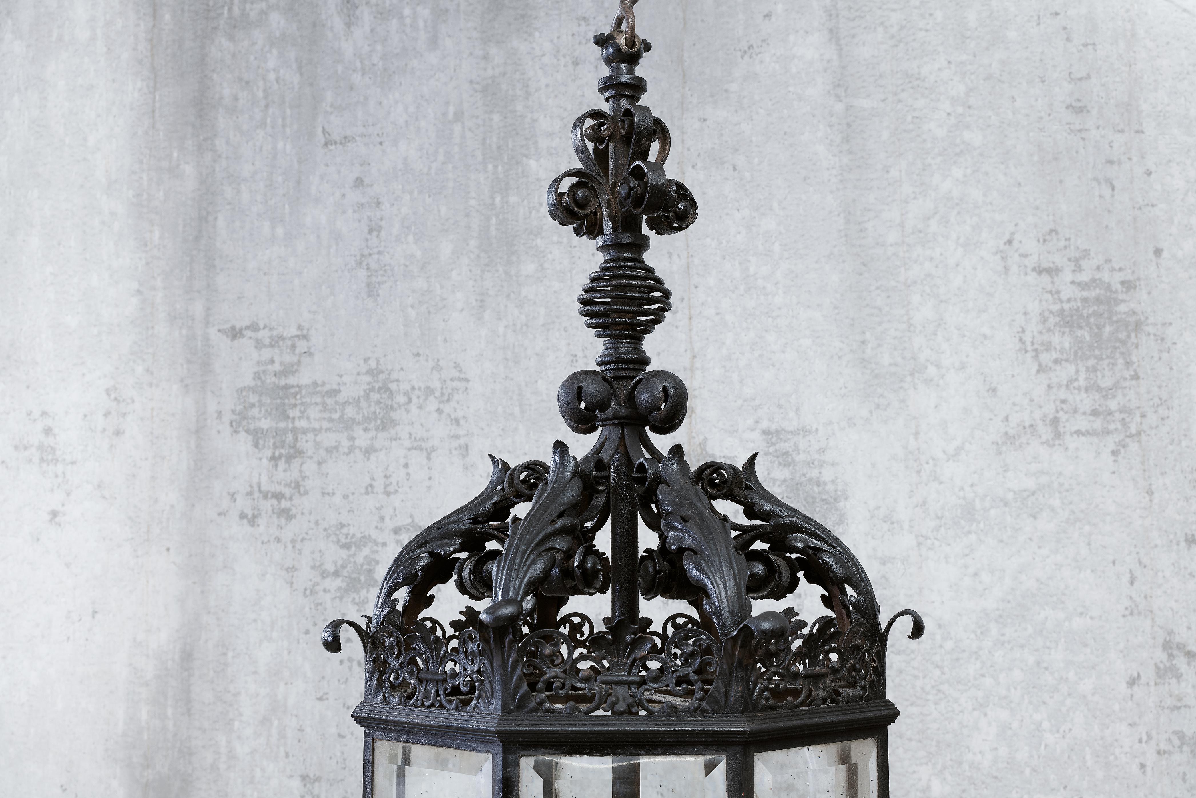 A Fine Wrought Iron And Glass Four-Light Hanging Lamp For Sale 3