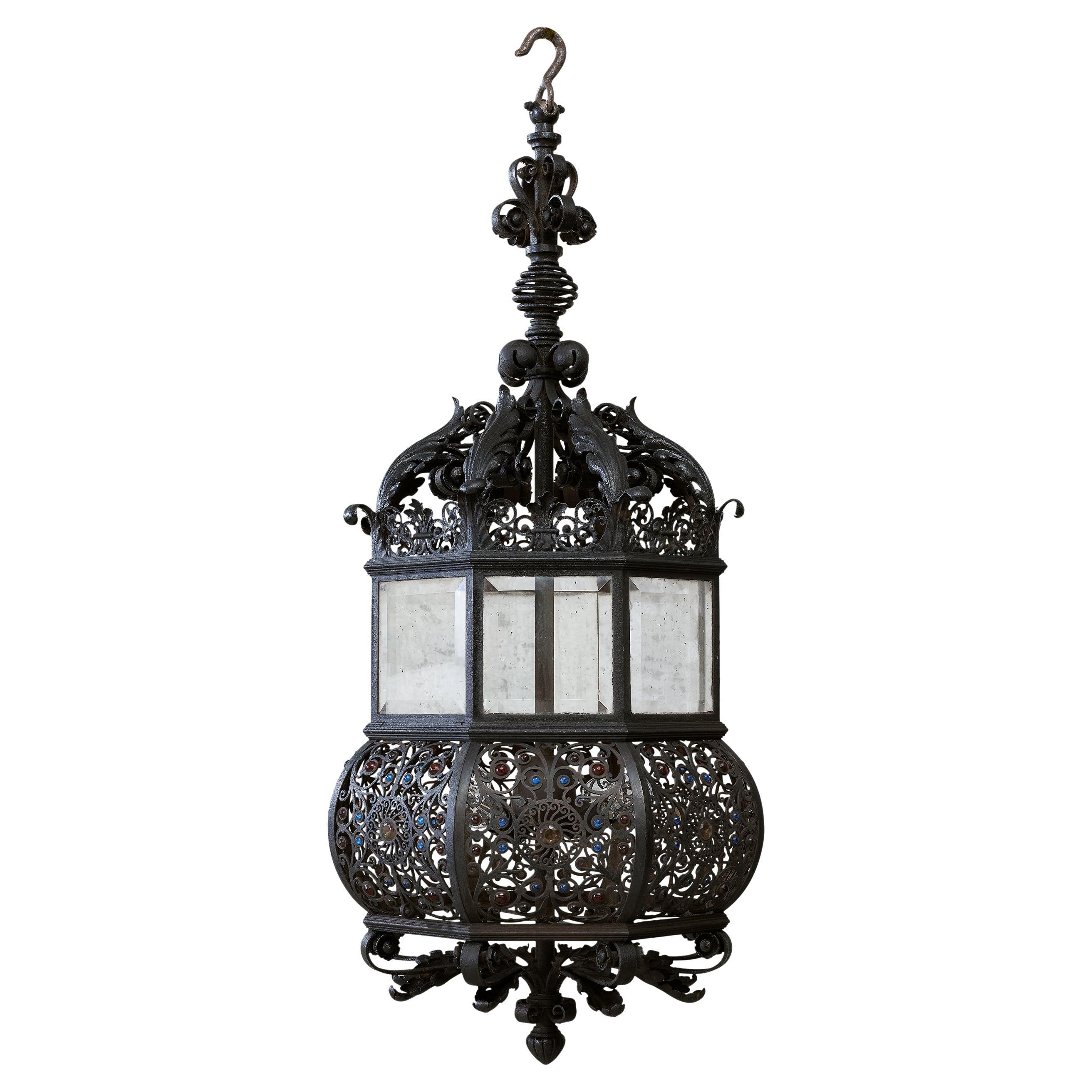 A Fine Wrought Iron And Glass Four-Light Hanging Lamp For Sale