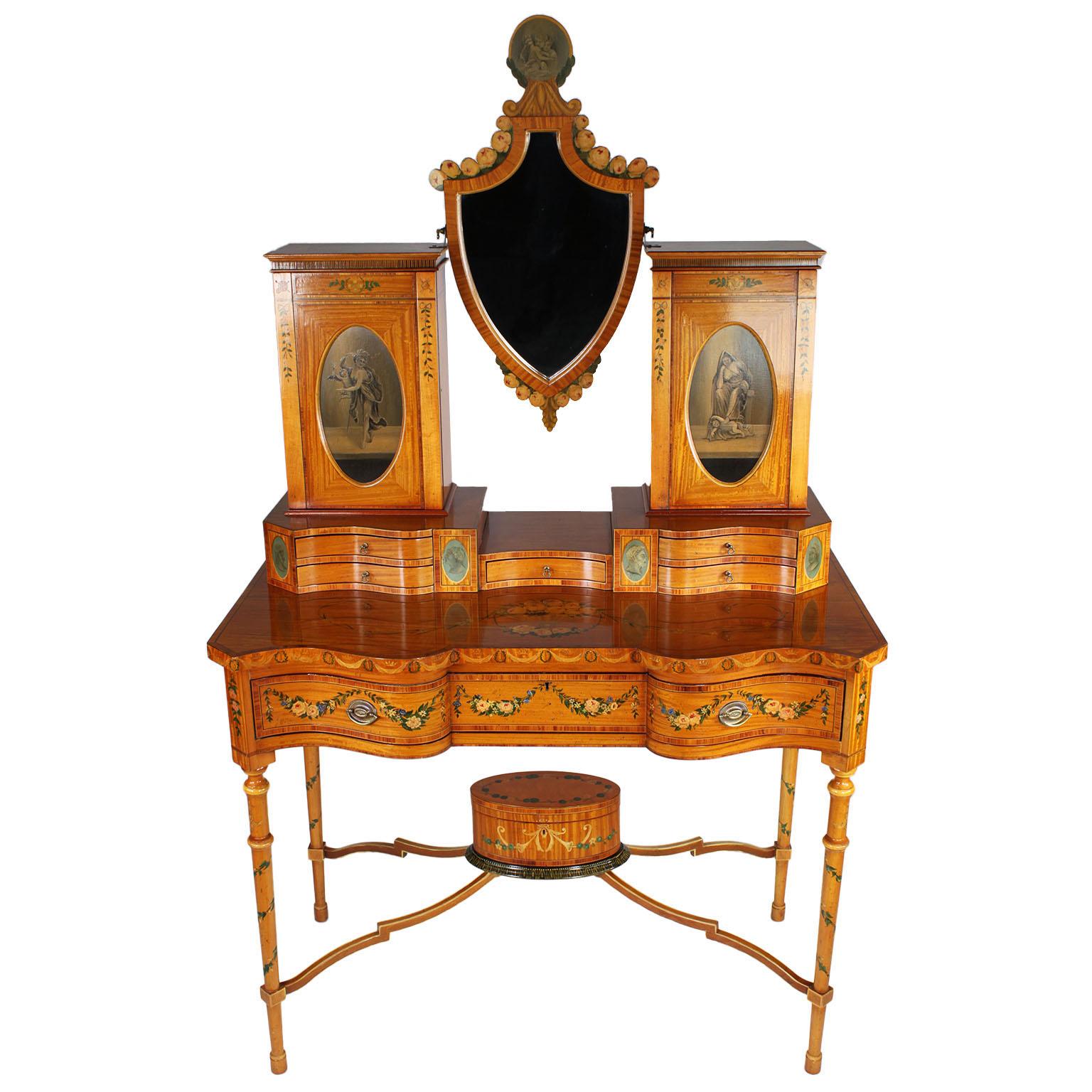 Fine English 19th Century Adam Style Polychrome Painted Satinwood Vanity Table For Sale 13