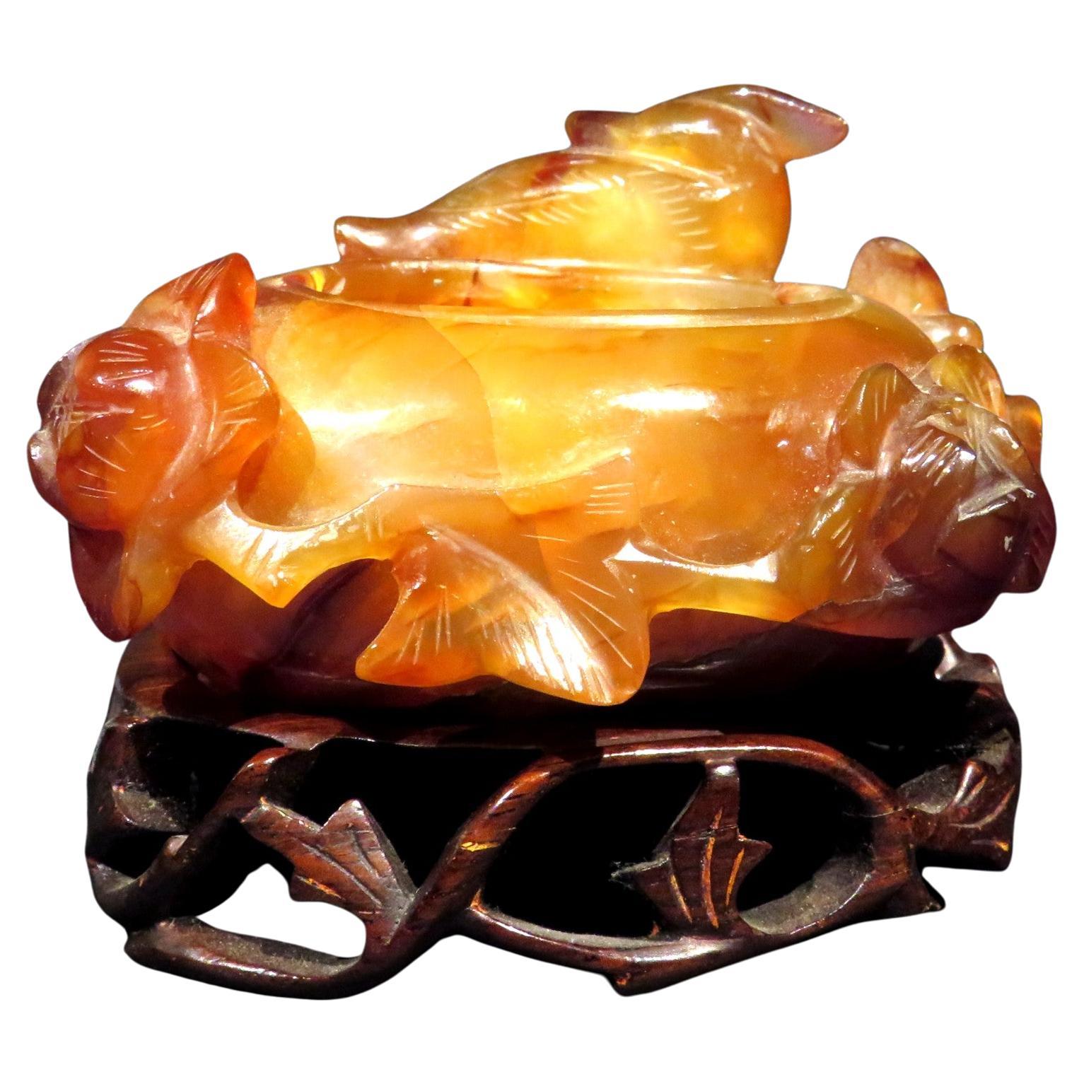 A Finely Carved Chinese Agate Brush Washer on Stand, Republic Period Circa 1940 For Sale