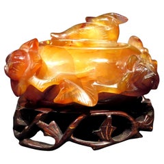 A Finely Carved Chinese Agate Brush Washer on Stand, Republic Period Circa 1940