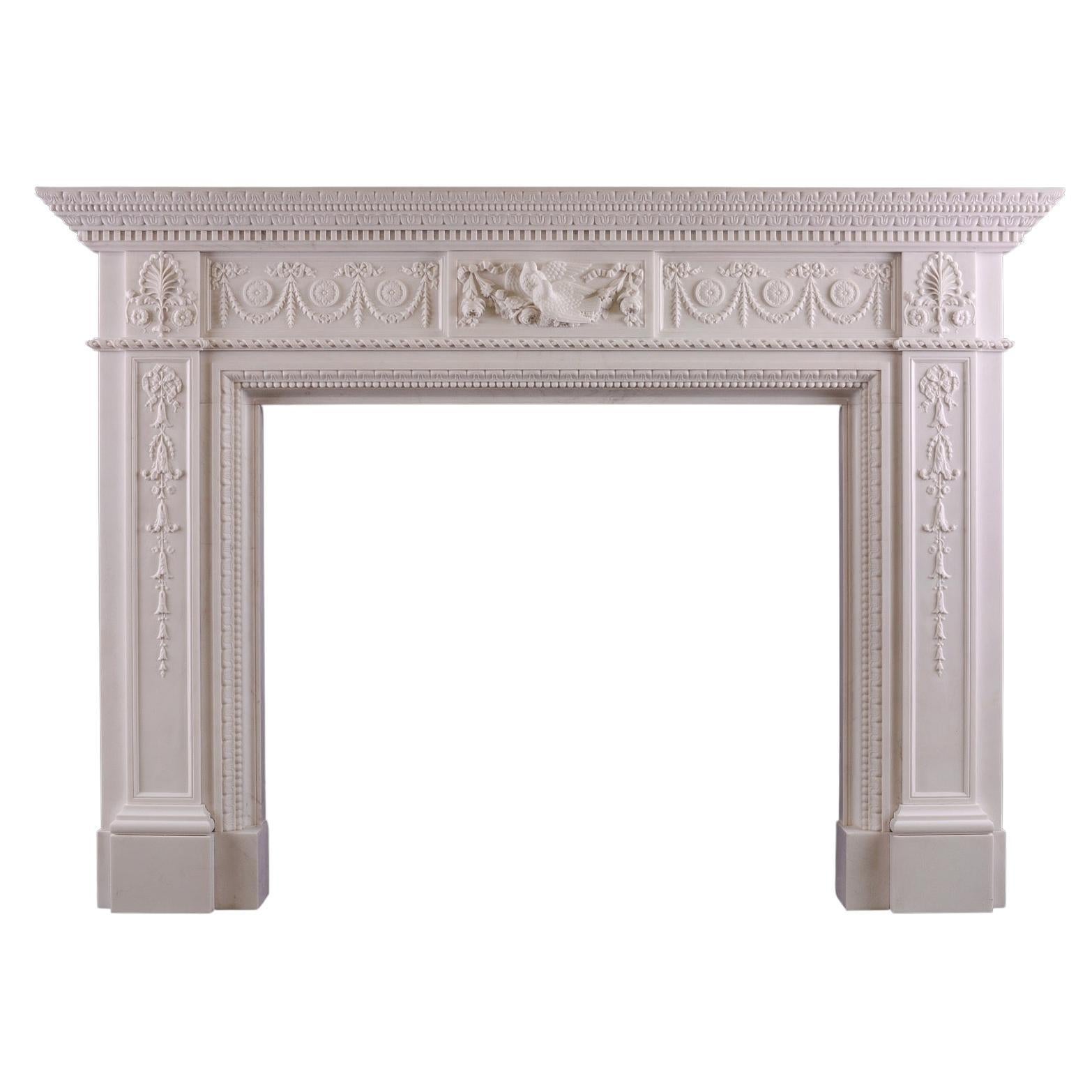 A Finely Carved White Marble Fireplace