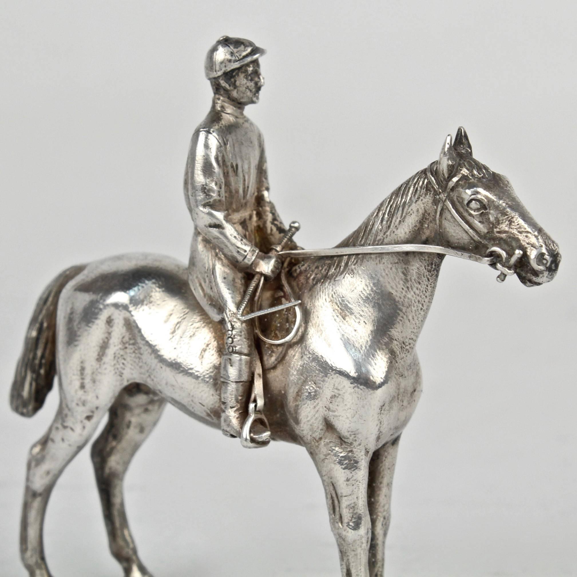 Finely Cast Miniature Silver Equestrian Horse Racing Sculpture For Sale 1