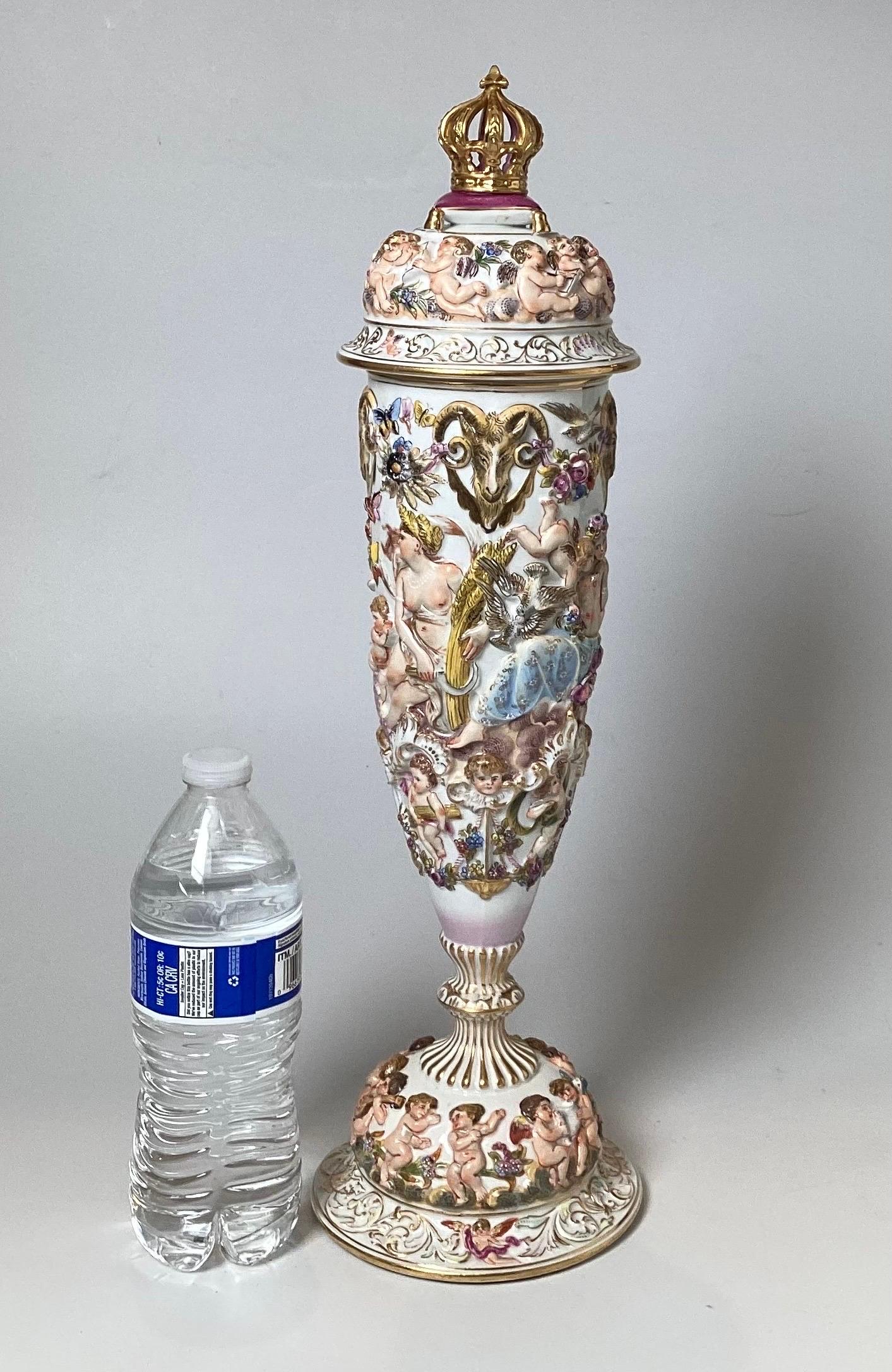 A Finely Detailed Capodimonte  19th Century Covered Urn, Italy 6