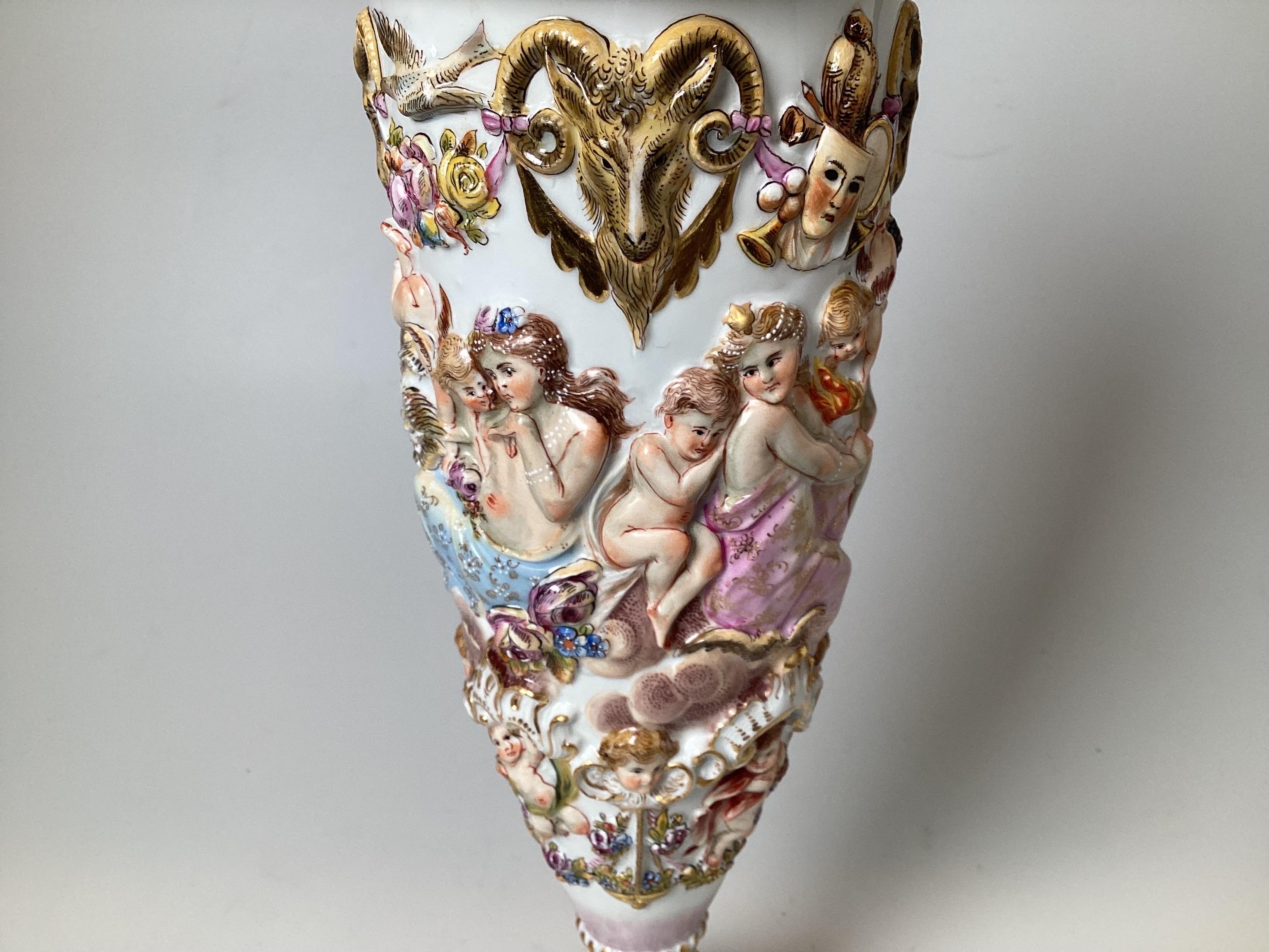 A finely detailed urn with lid, 19th Century Italy.  Made by Copodimonte with the gold Naples mark on bottom.  18.25 inches tall with lid