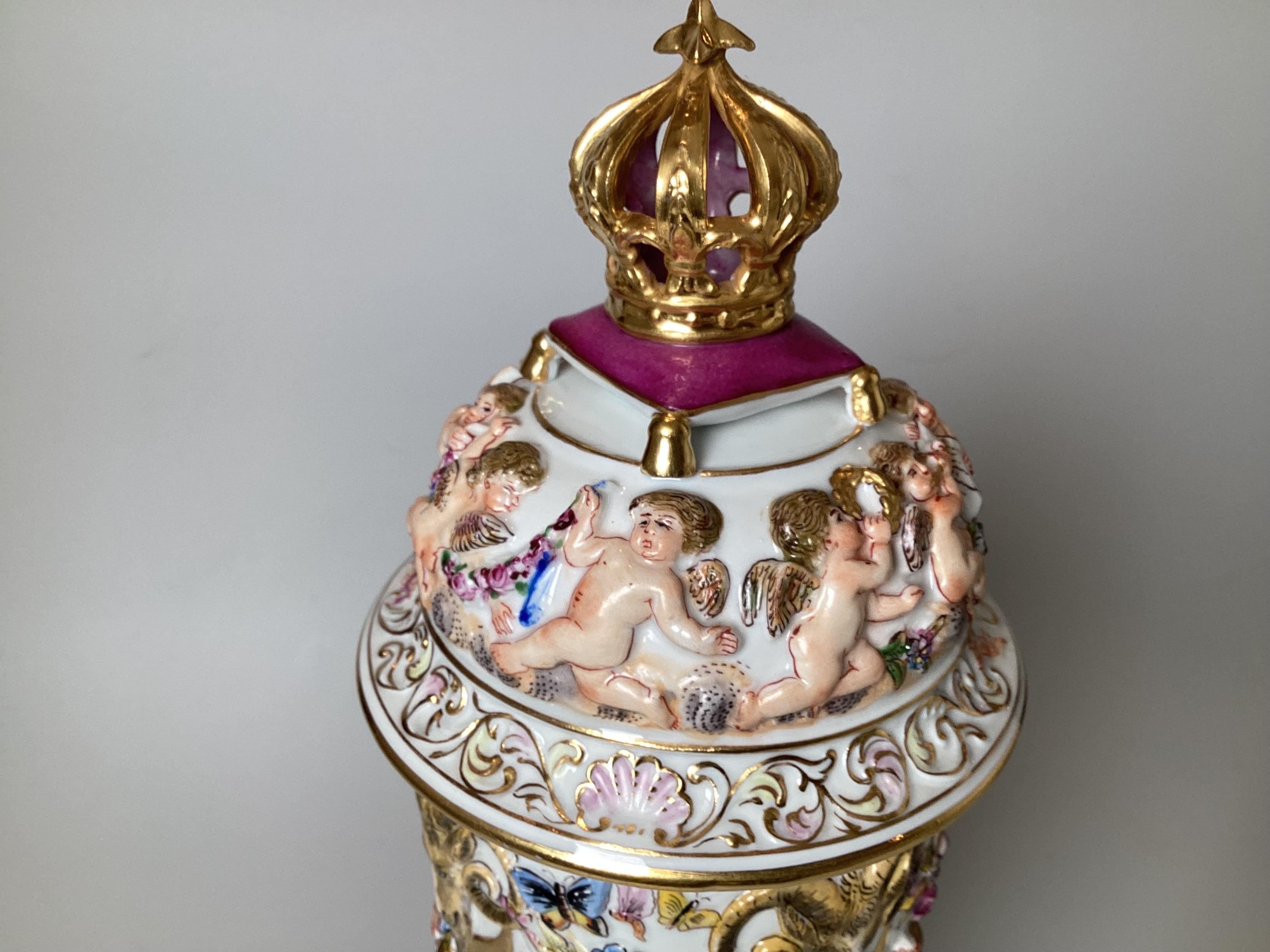 A Finely Detailed Capodimonte  19th Century Covered Urn, Italy 1