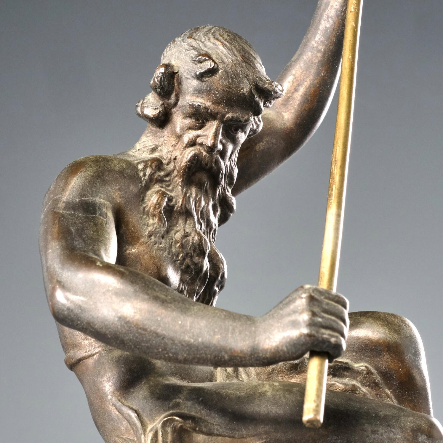 French A Finely Cast Spelter Figure of Neptune Mounted Atop a Carved Soapstone Base  For Sale