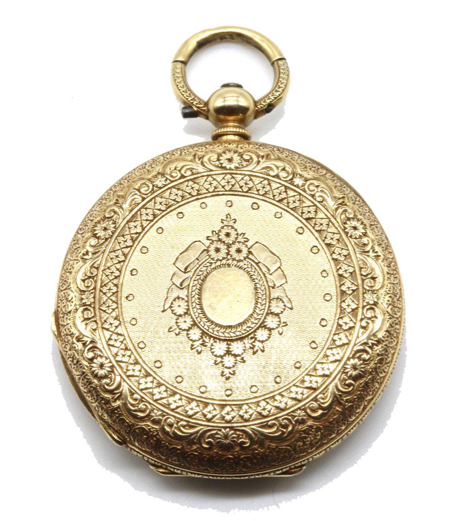 An 18 Kt yellow gold half hunter key wind pocket watch. The front with fine engraving around blue roman numerals and center glass, the reverse also with fine engraving.
Hallmarked 18 k   Serial number 6278   Movement stamped C&A