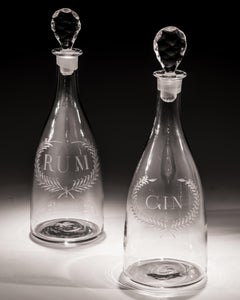 Finely Engraved Pair of Labelled Gin And Rum Tapered Georgian Decanters