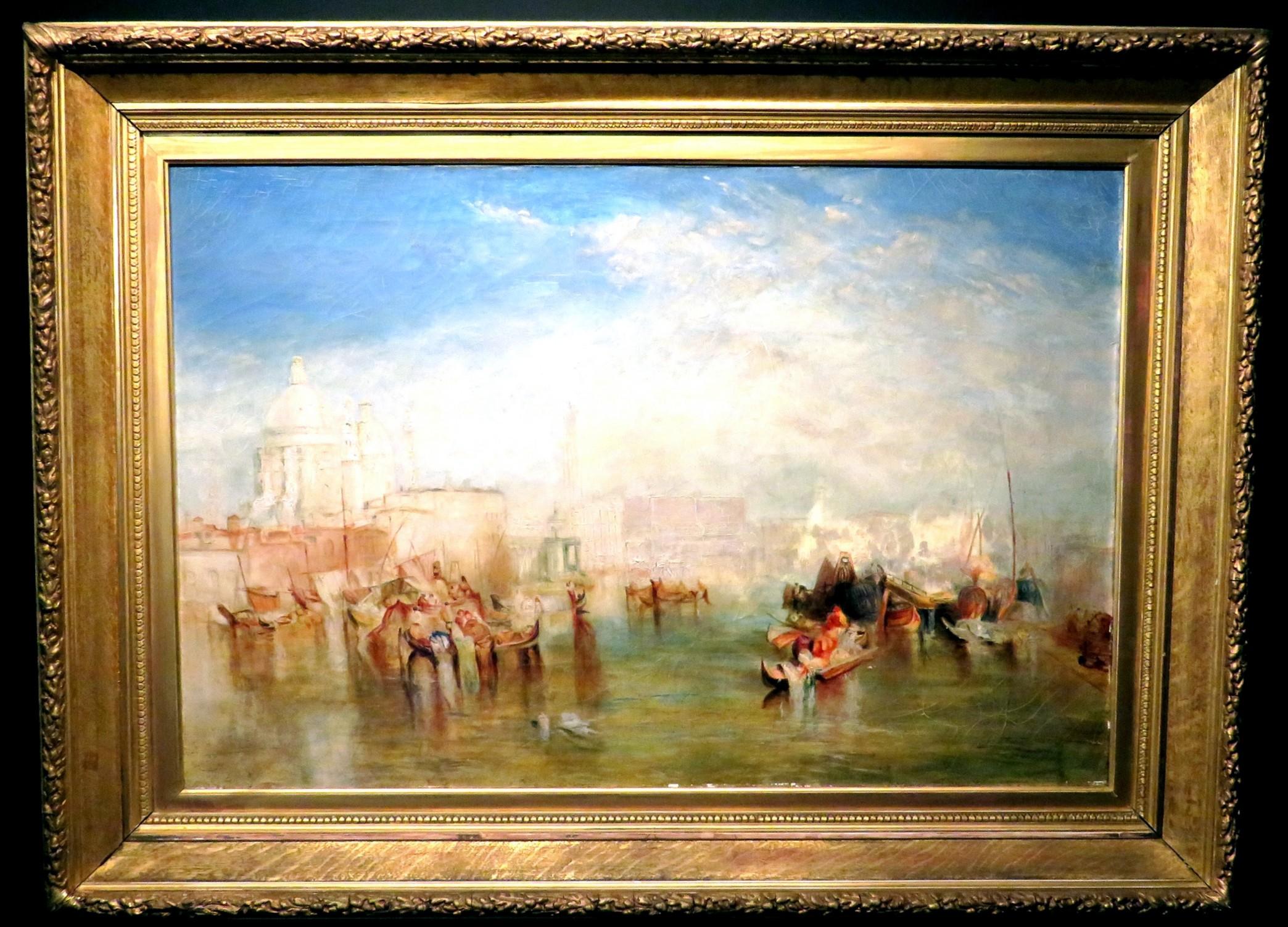 A large & finely executed panoramic view of the Grand Canal, depicting Santa Maria della Salute and The Doges Palace from the Giudecca. 
This sensitively rendered work pays homage to the original painting executed by famed British seascape artist J.