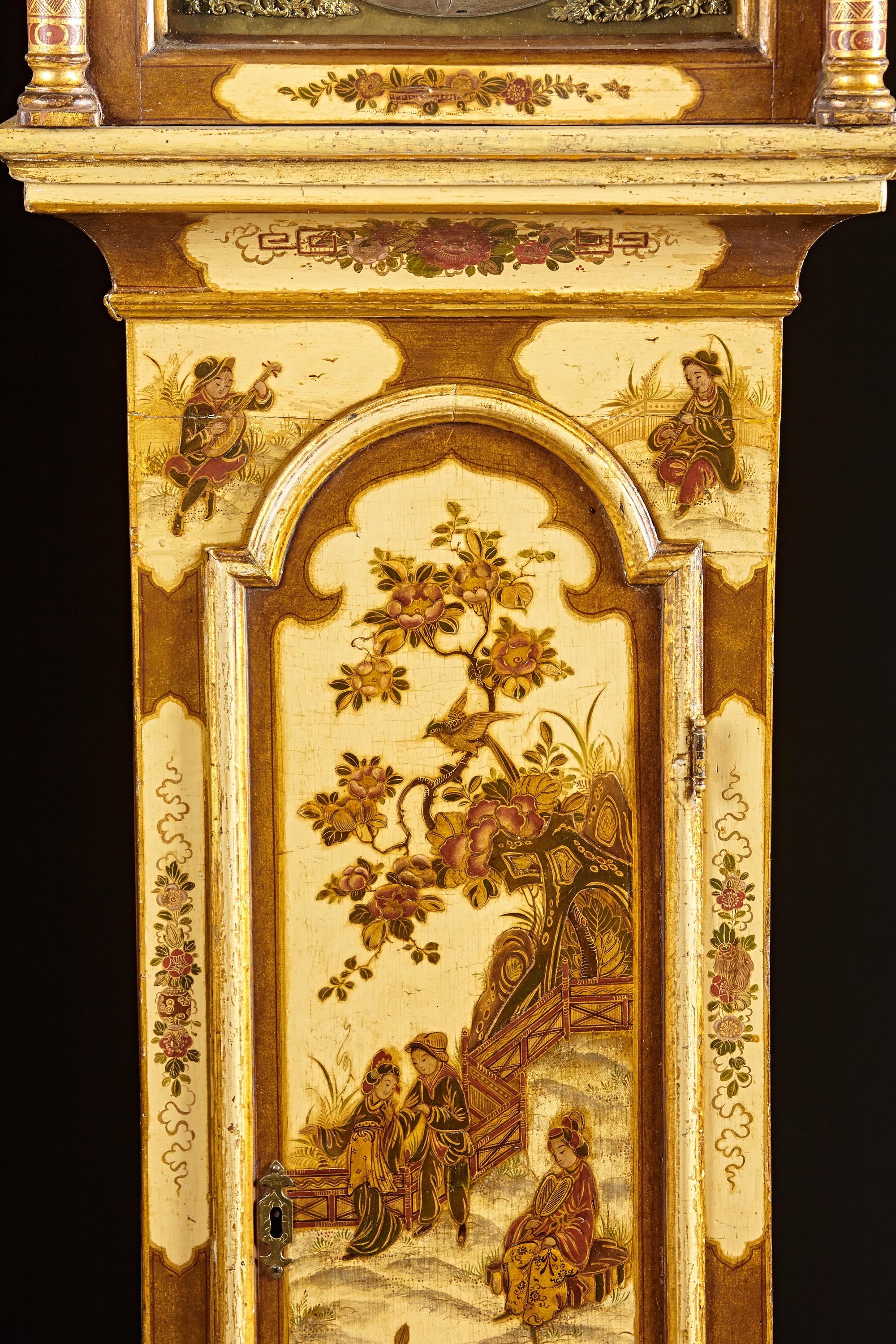 Chinese Chippendale Finely Lacquered Chinoserie Decorated Tall Case Clock, London, circa 1740 For Sale