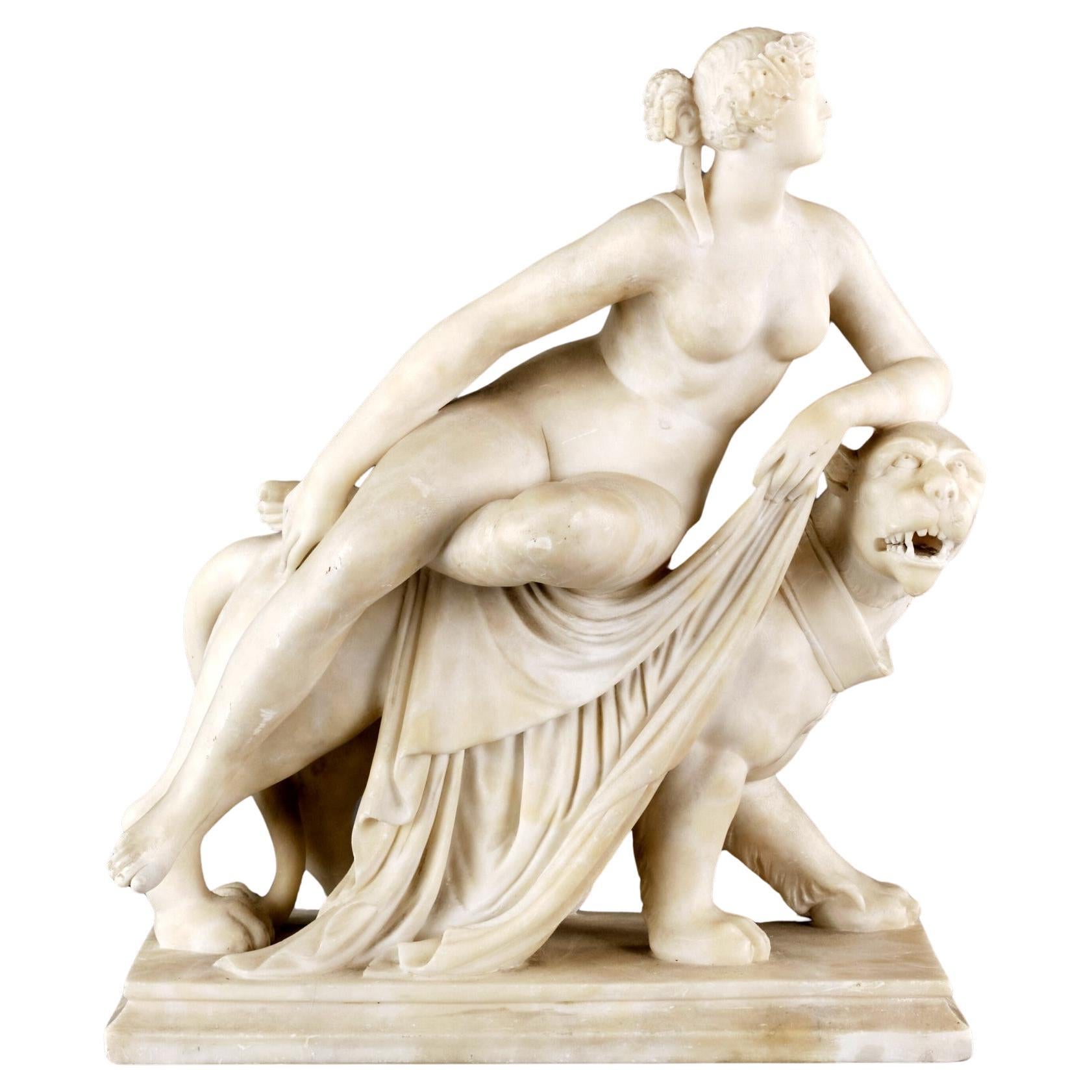 Groupe figuratif d'Ariane et de la panthère finement sculpté en albâtre du 19e siècle en vente