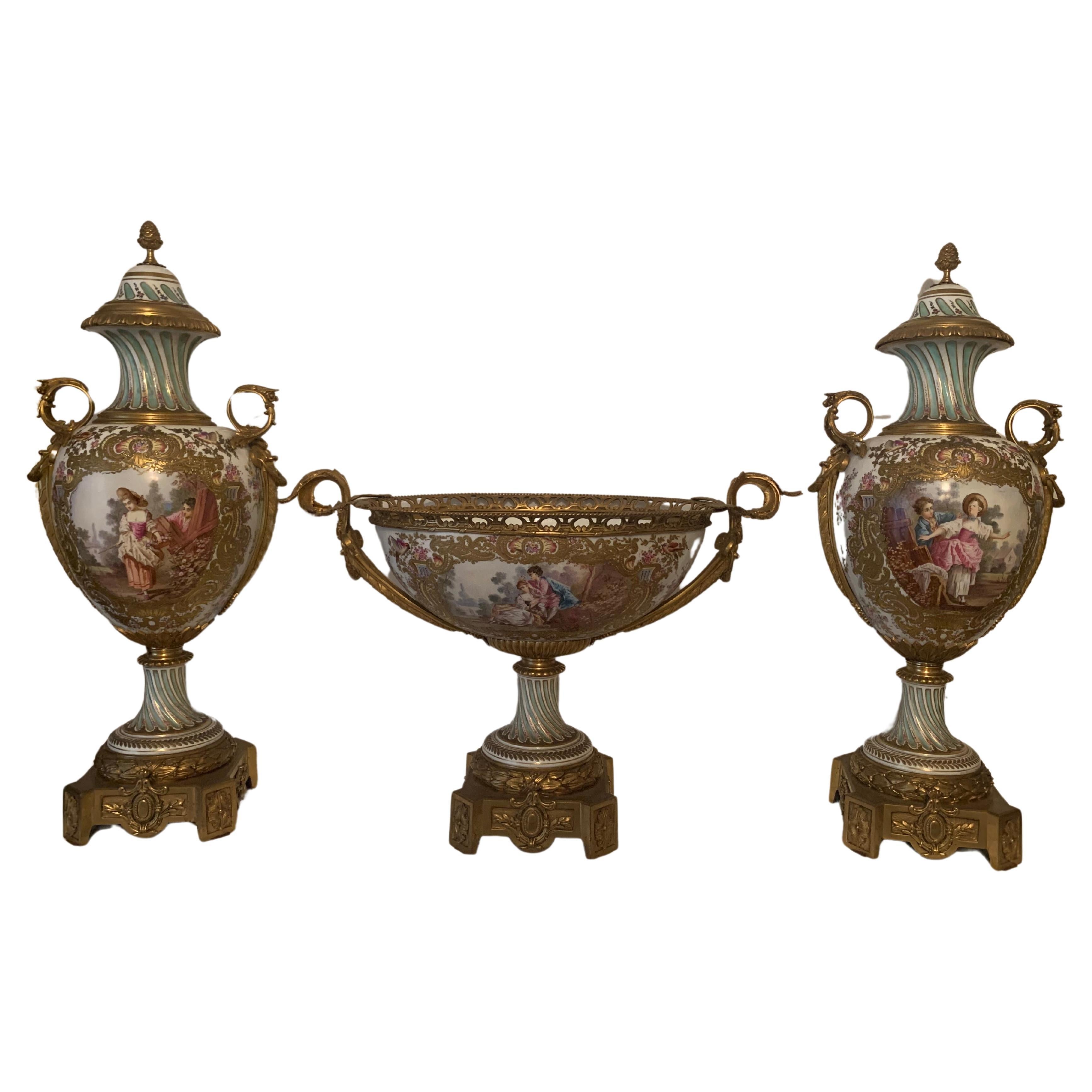 A finely three pieces gilt bronze mounted Sevres style vase and center pieces For Sale