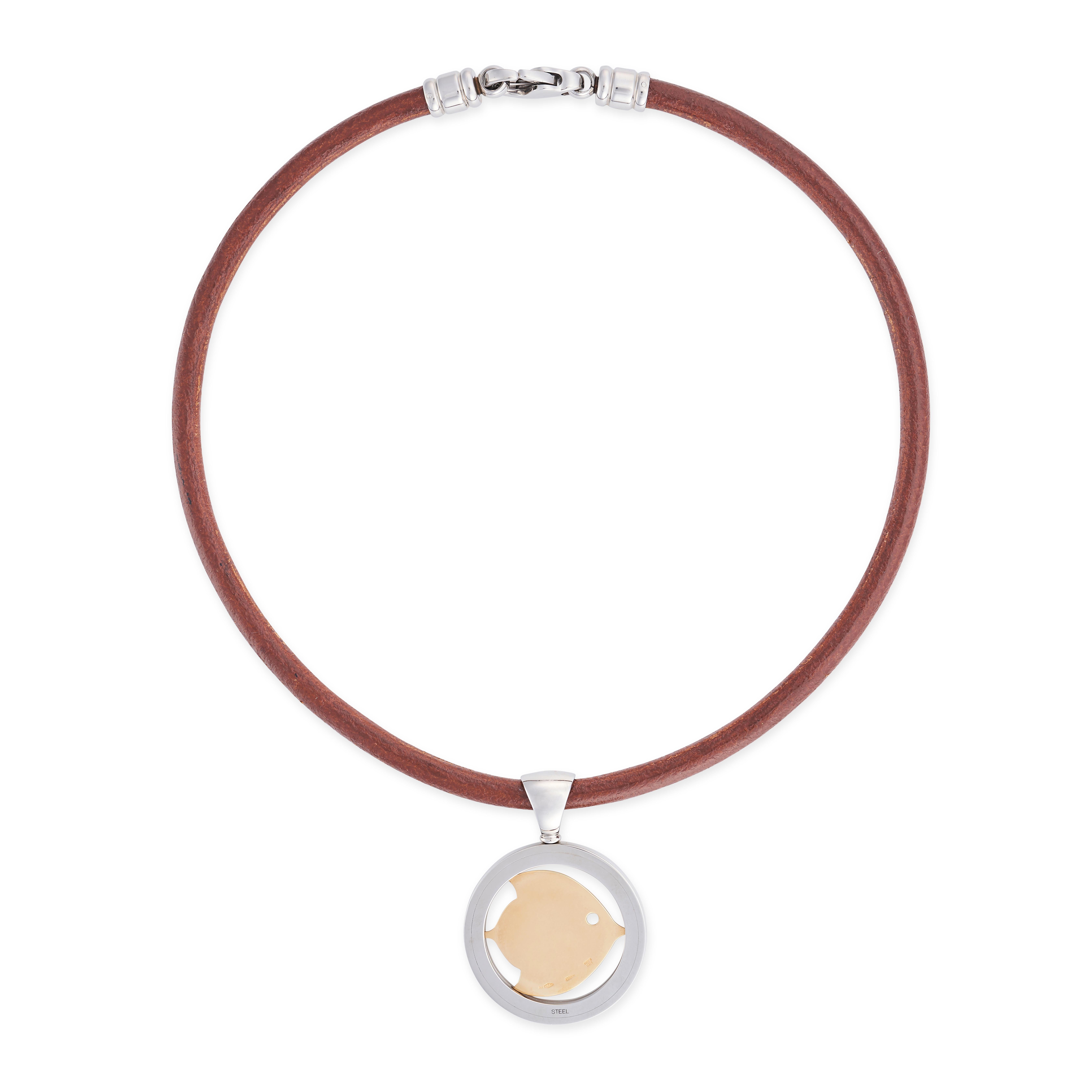 A design distinctive of Bulgari, the fish tondo necklace would make an excellent initial foray into the iconic Italian jewelry house. Crafted in 18 carat yellow gold and steel, this circular pendant hangs from a leather necklace and sits comfortably