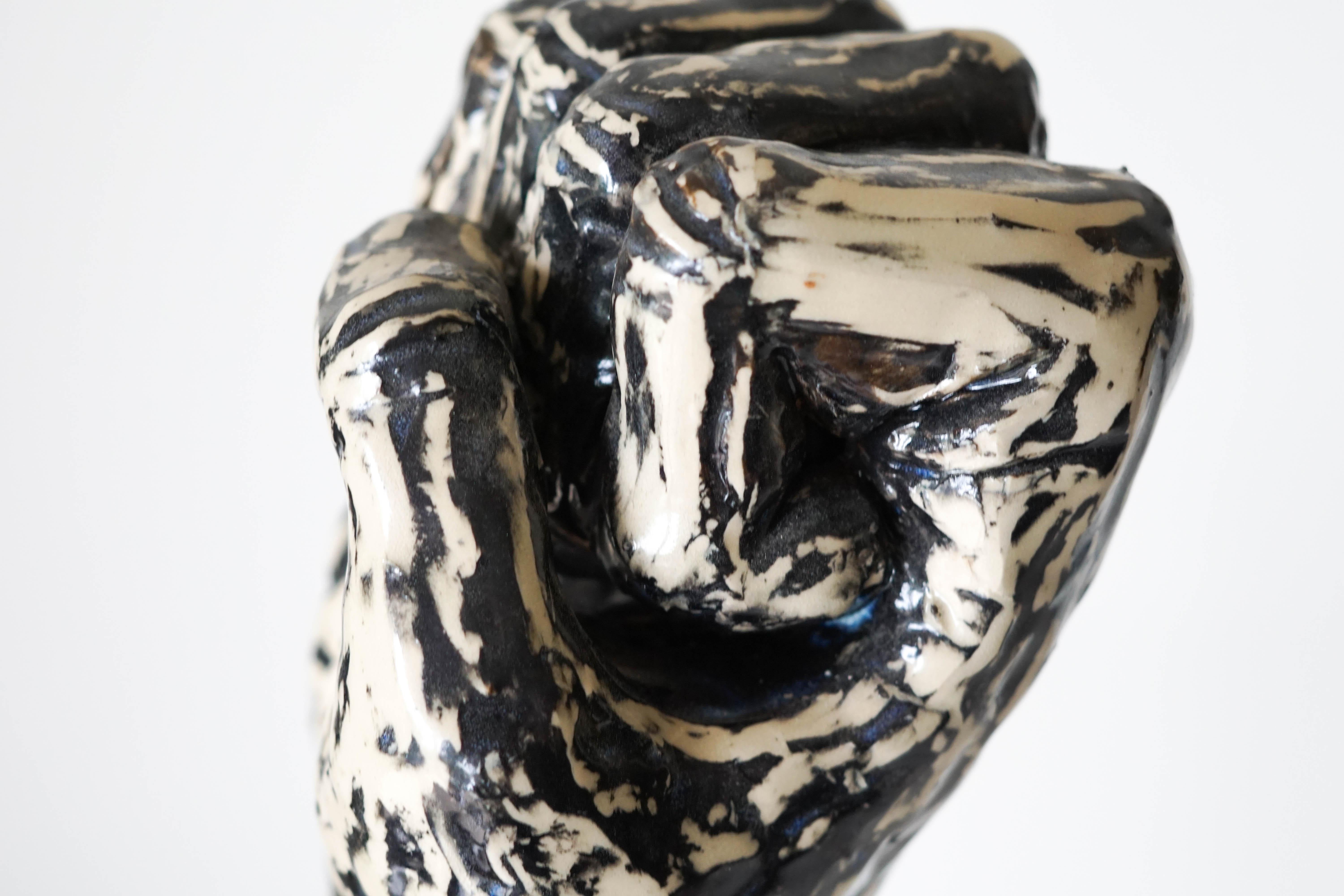 Contemporary Fist is Not a Fight Ceramic Sculpture with under Glaze Sgraffito