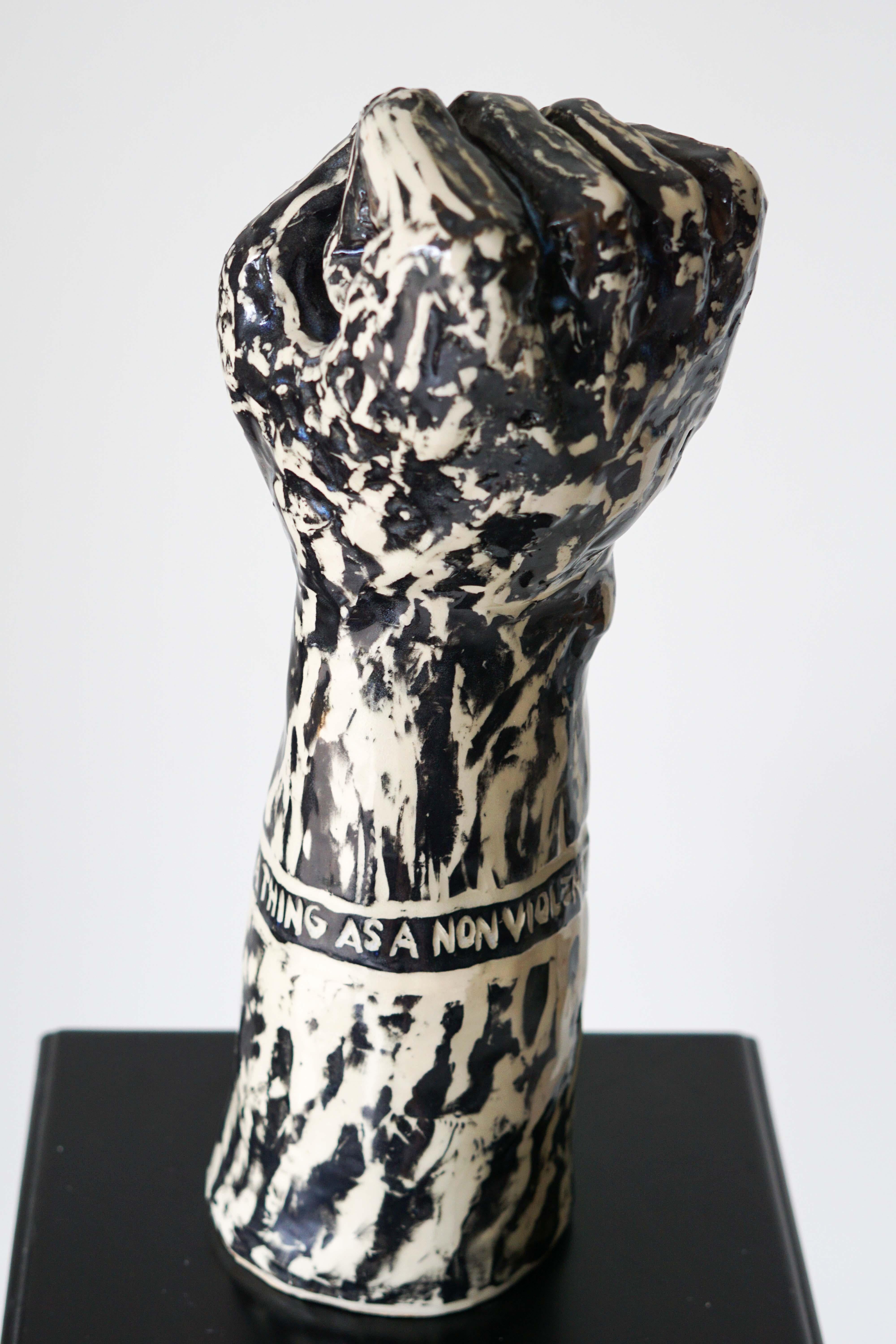 Fist is Not a Fight Ceramic Sculpture with under Glaze Sgraffito 2