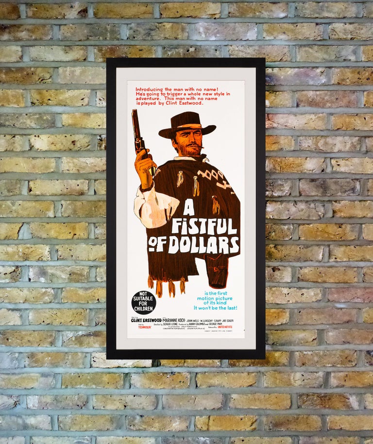 “Introducing the man with no name!” Printed in stunning stone lithography based on the design of the teaser US One Sheet, this Australian Daybill poster was issued in 1967 to advertise the first Australian release of Sergio Leone's 1964 Spaghetti