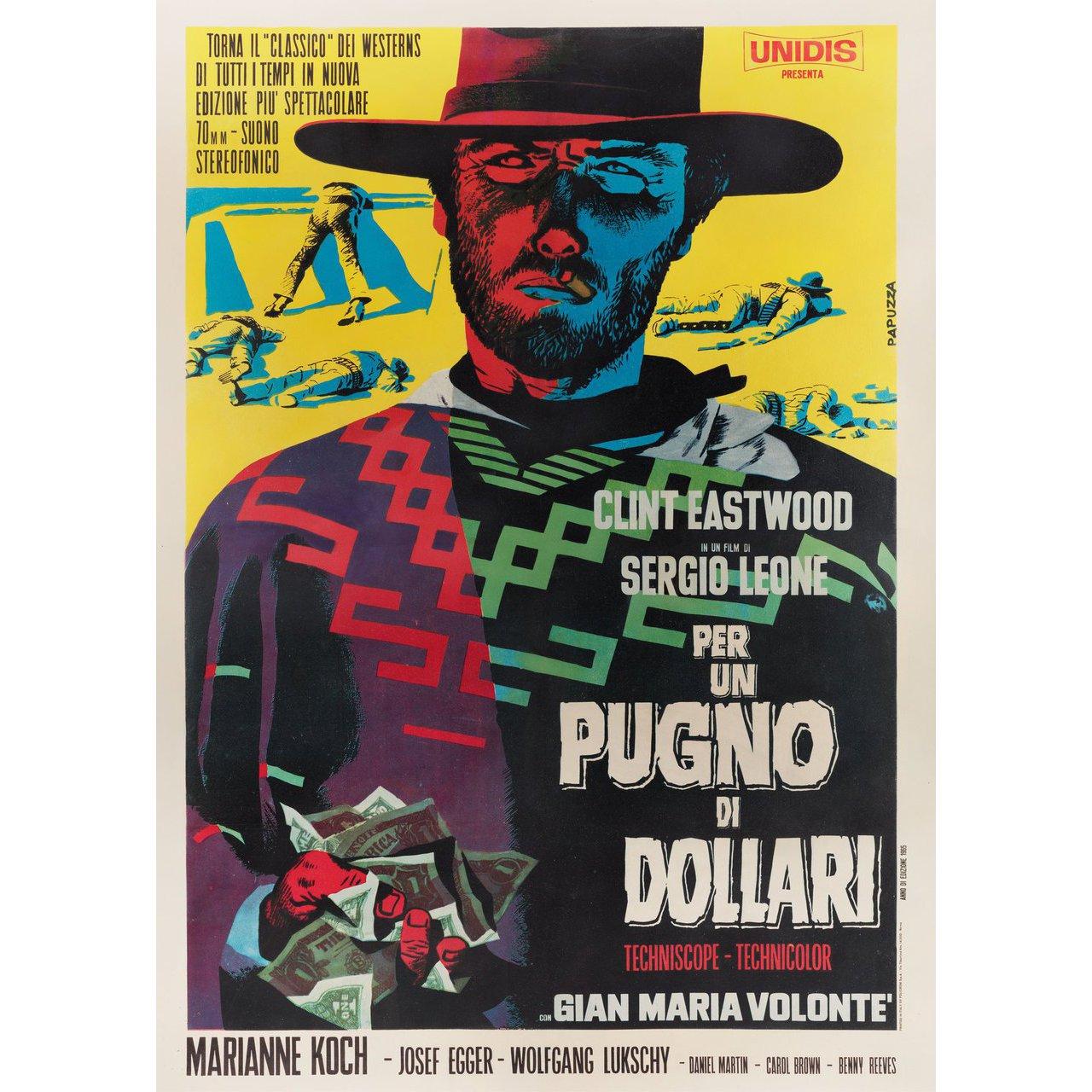 Original 1965 re-release Italian due fogli poster by Michelangelo Papuzza for the film A Fistful of Dollars (Per un pugno di dollari) directed by Sergio Leone with Clint Eastwood / Marianne Koch / Gian Maria Volonte / Wolfgang Lukschy. Fine