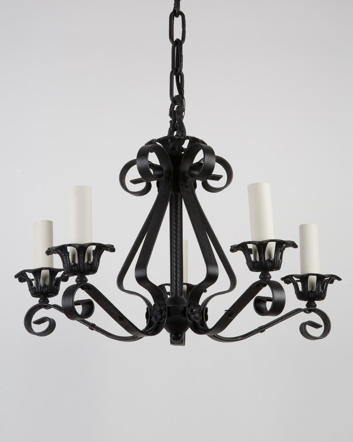 Spanish Colonial Five Arm Blackened Wrought Iron Chandelier from Alfred DuPont's Florida Estate 