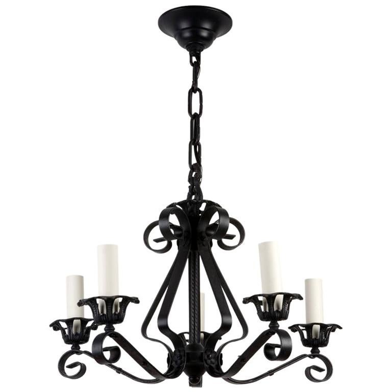 Five Arm Blackened Wrought Iron Chandelier from Alfred DuPont's Florida Estate 