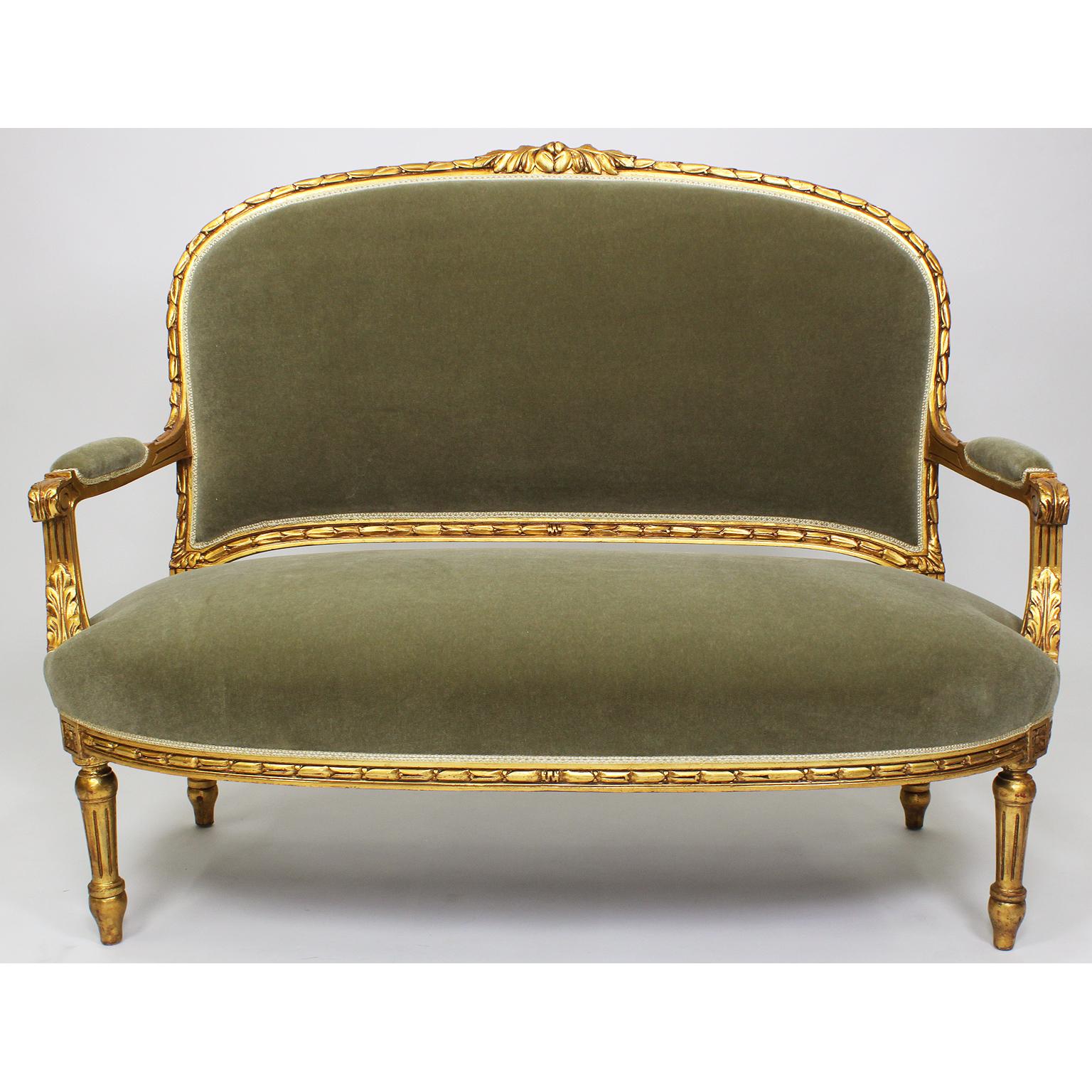 Early 20th Century Five Piece French Louis XVI Style Giltwood Carved Salon 'Parlor' Suite