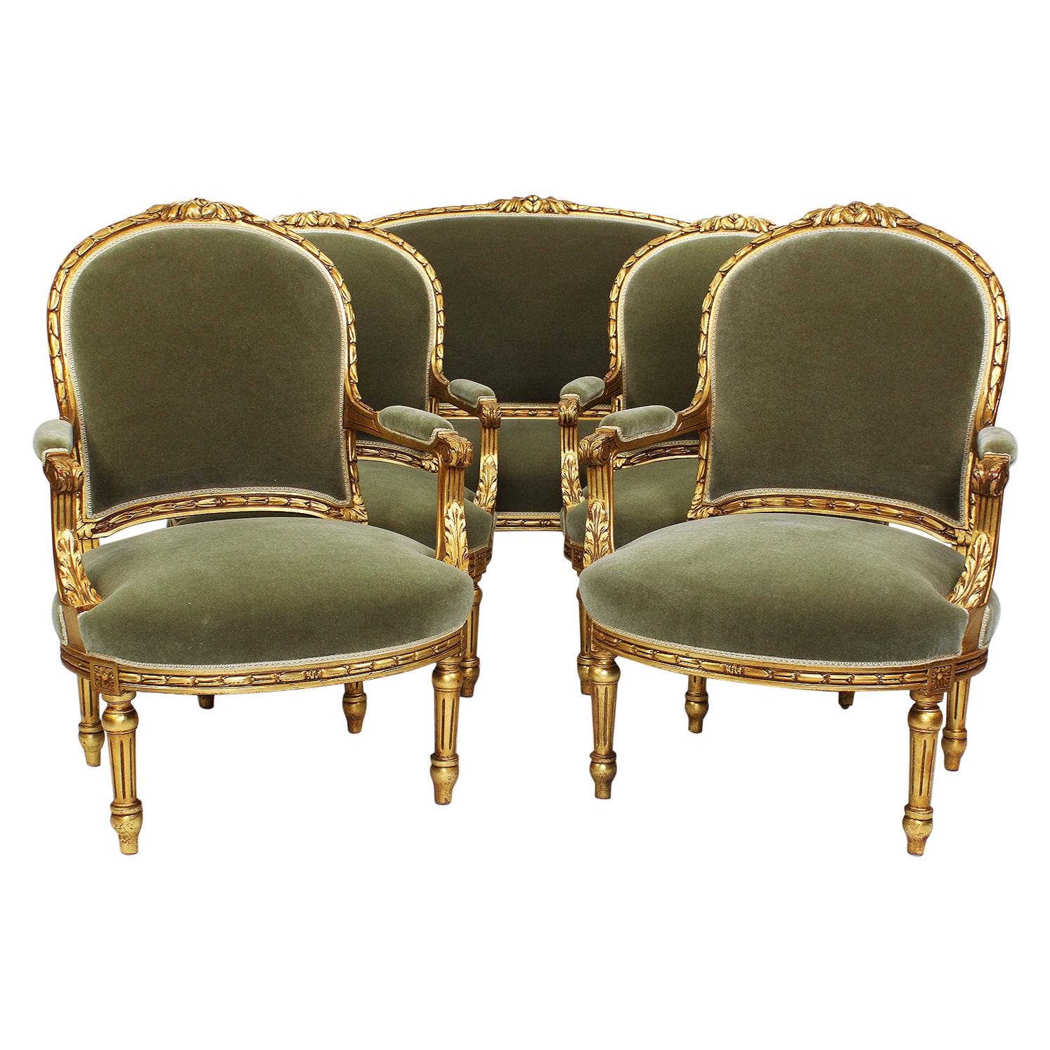 Five Piece French Louis XVI Style Giltwood Carved Salon 'Parlor' Suite