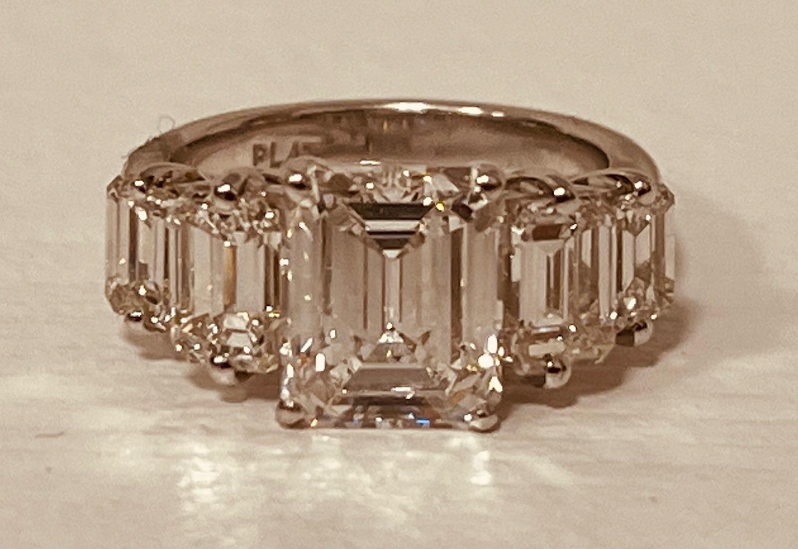 A Five Stone Diamond Ring Centring A 3cts Emerald-cut Diamond For Sale 2