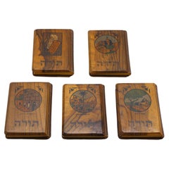 A Five Volume Bible Set in Miniature Carved Olivewood Bindings Israel C. 1940