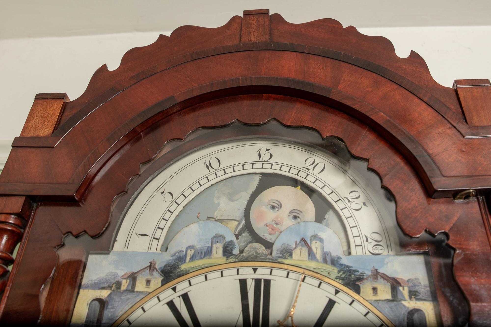 Victorian Flame Mahogany Moon Phase Clock by Meredith of Merthyr Tydfil in Wales For Sale