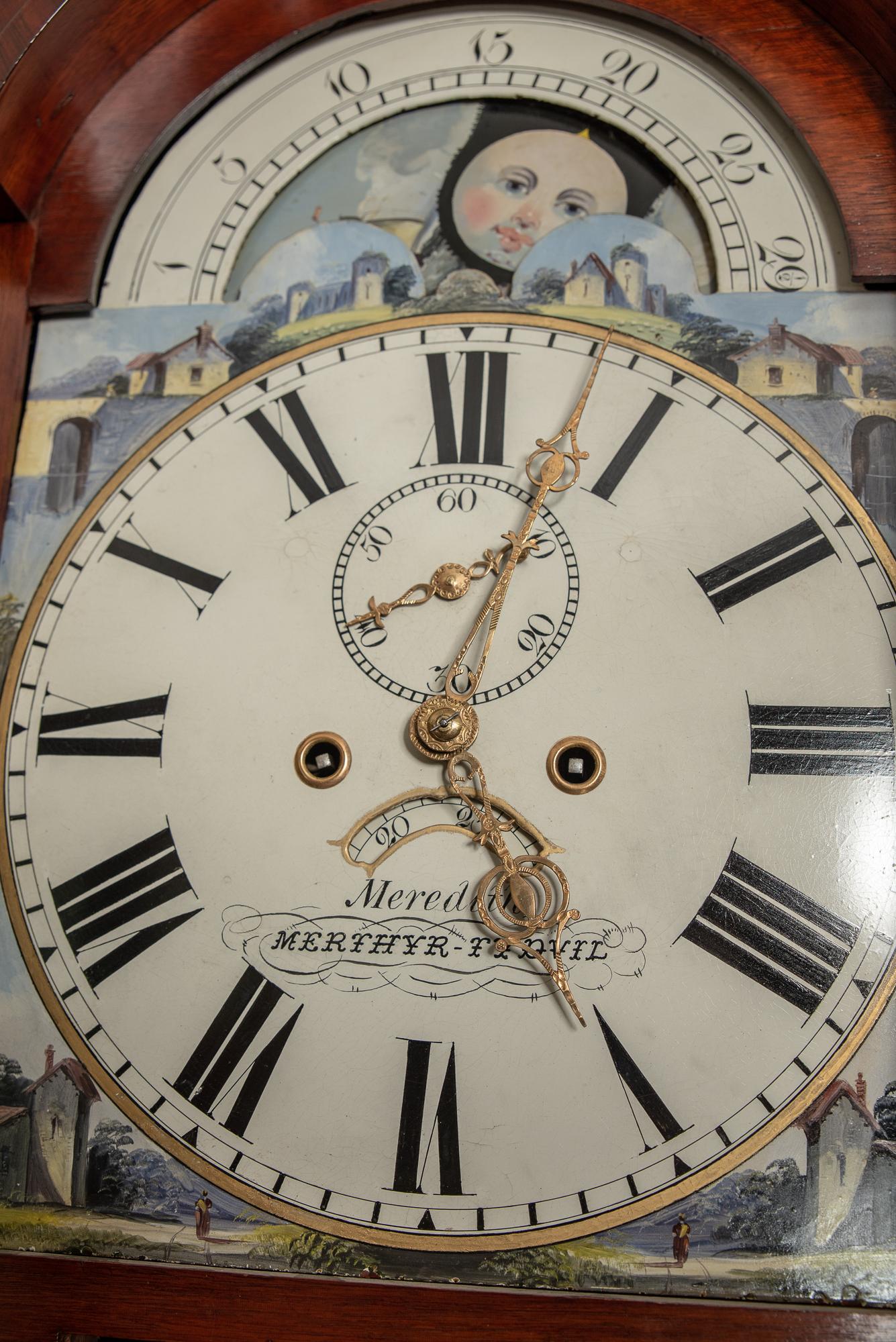 Polished Flame Mahogany Moon Phase Clock by Meredith of Merthyr Tydfil in Wales For Sale