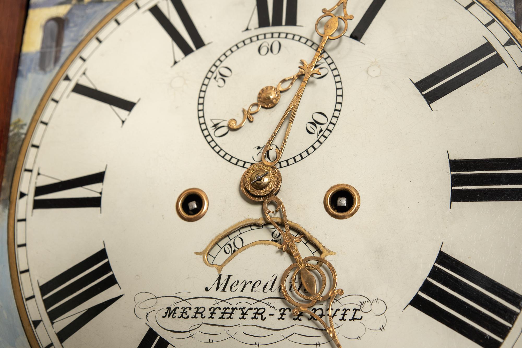 19th Century Flame Mahogany Moon Phase Clock by Meredith of Merthyr Tydfil in Wales For Sale