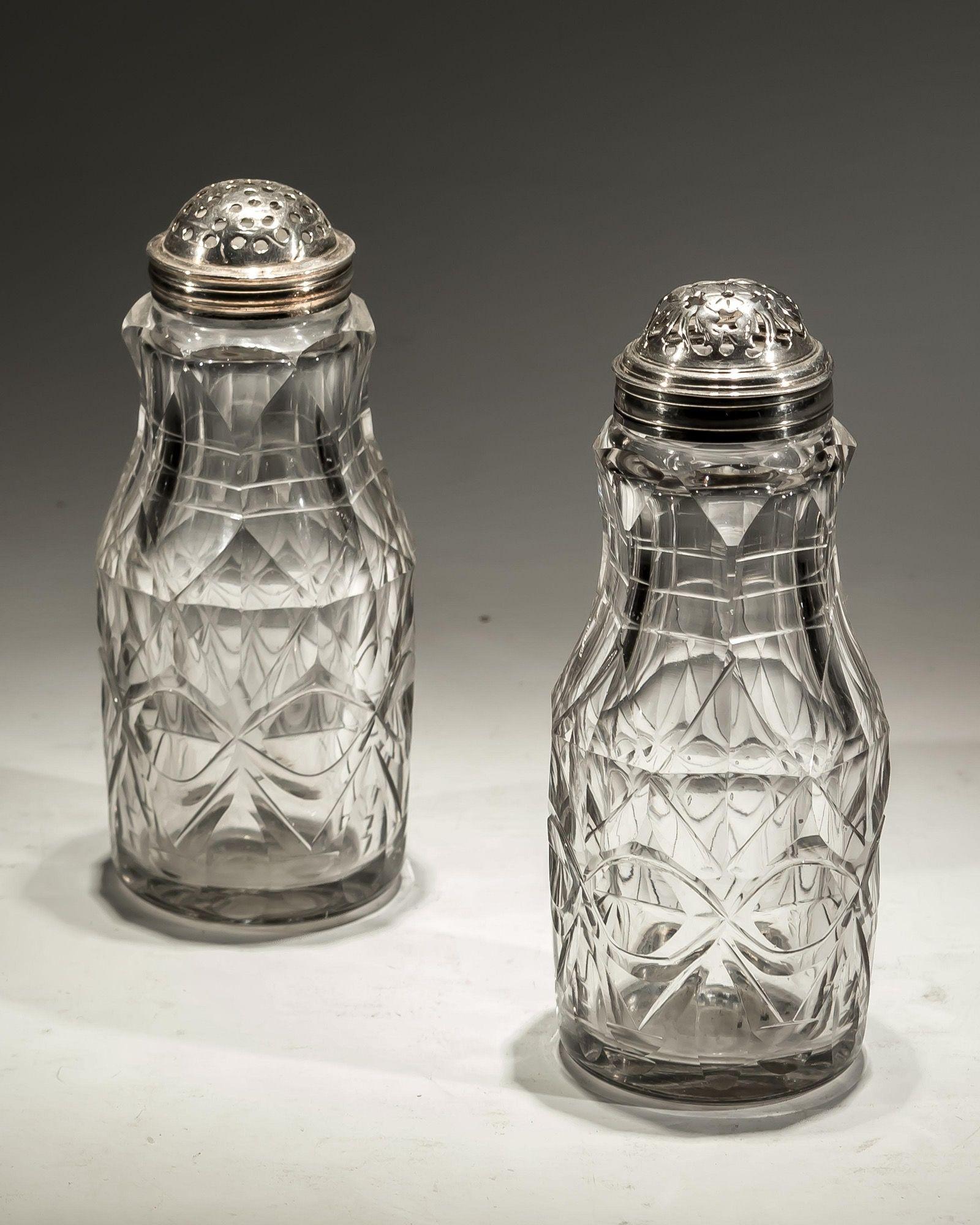 18th Century Flat Diamond Cut Suite of Cruet Bottles in Mahogany Stand For Sale