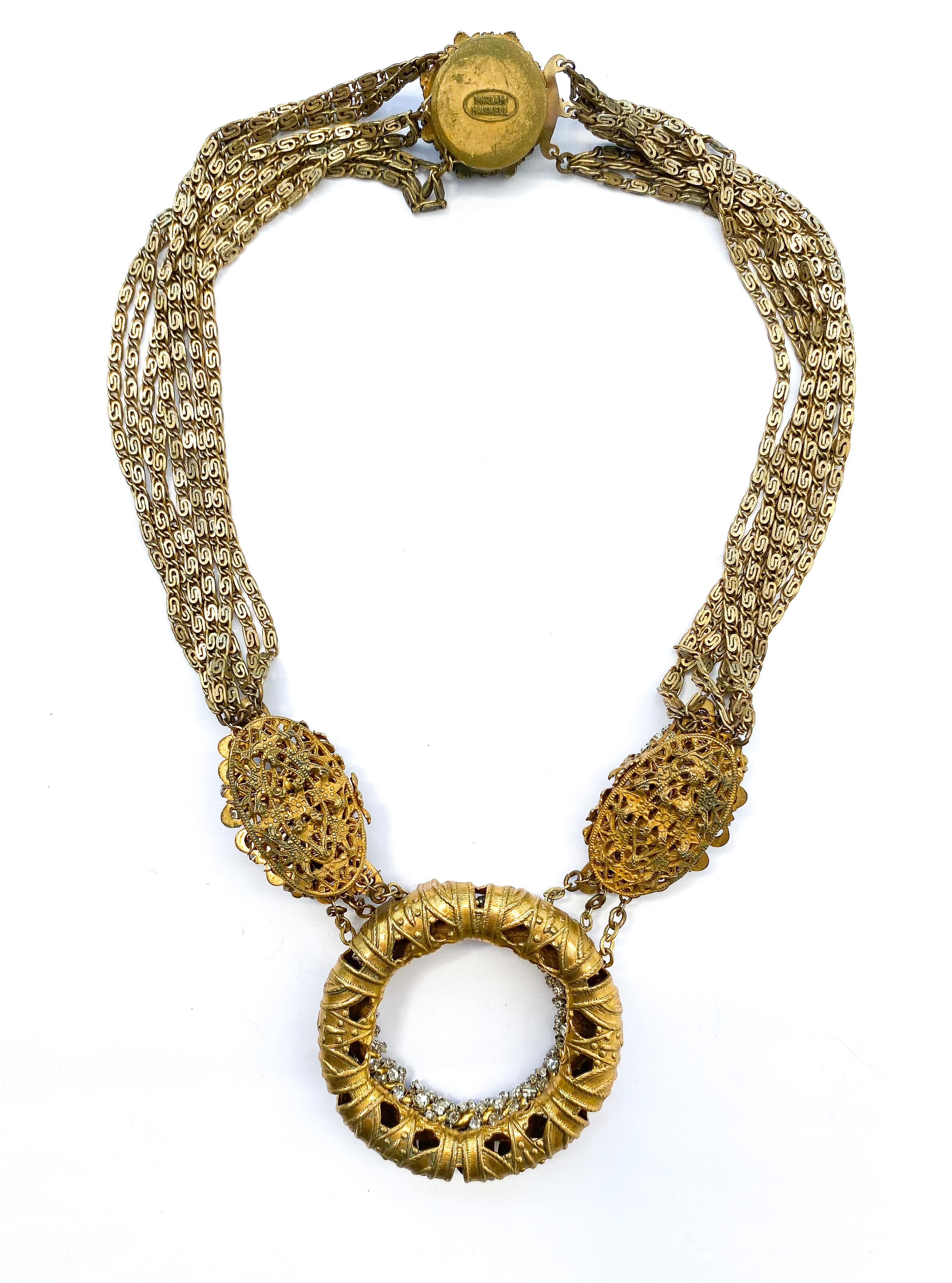 A flattened gilt chain and rose monte necklace, Miriam Haskell, early 1950s. For Sale 1