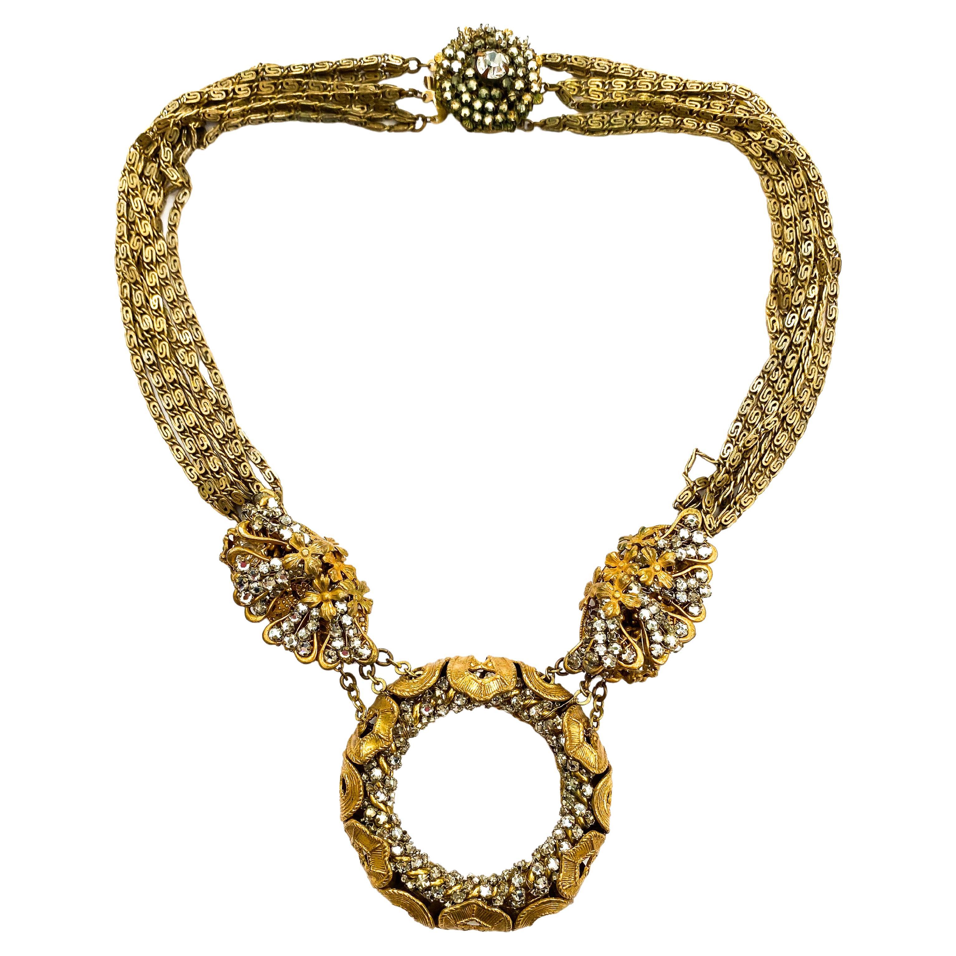 A flattened gilt chain and rose monte necklace, Miriam Haskell, early 1950s. For Sale