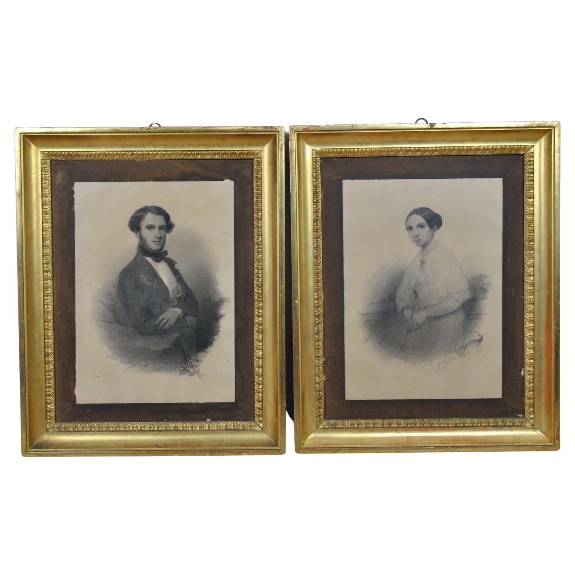 Fleisner, Pair of Drawings, Couple of Young People, circa 1842 For Sale